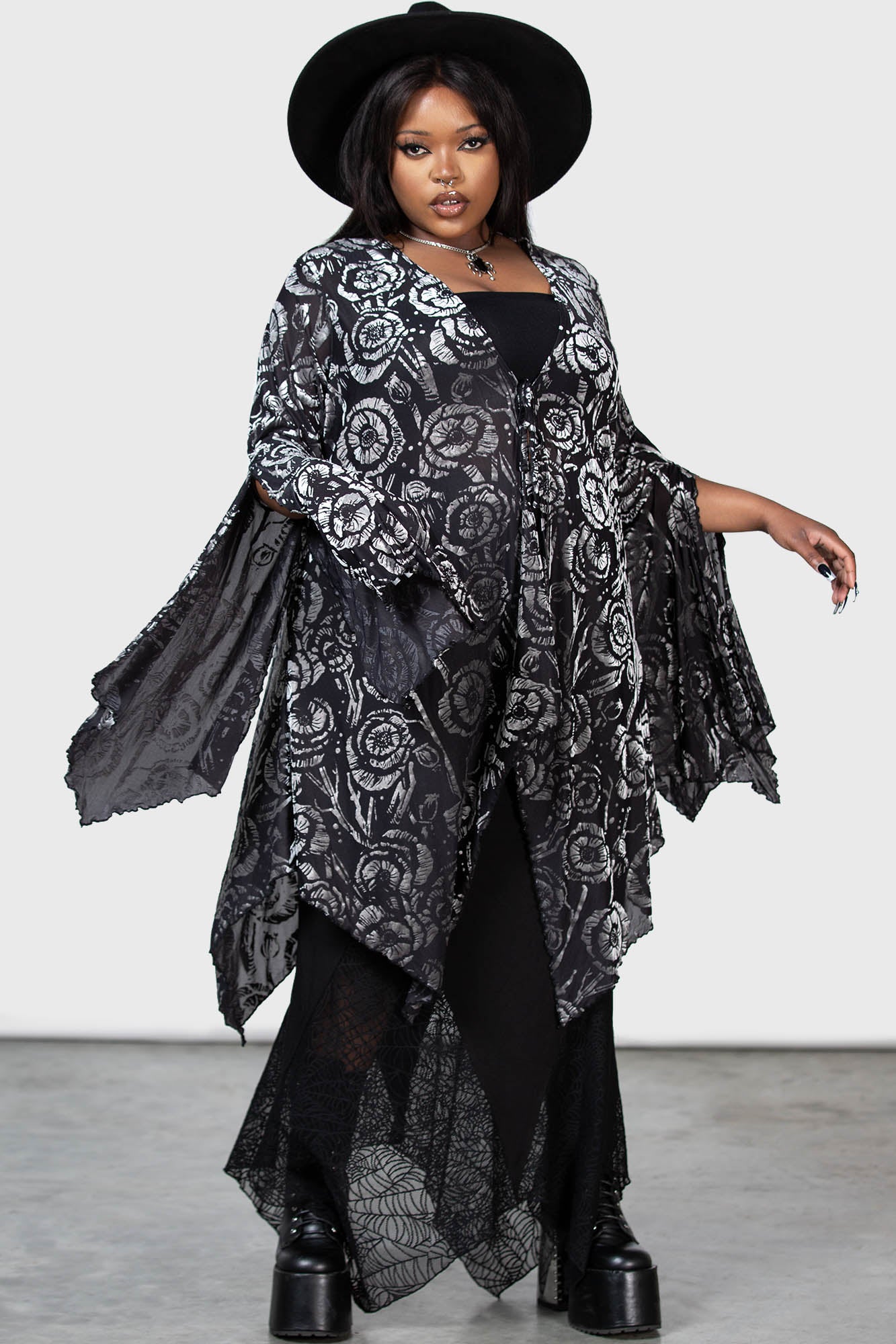 Killstar Flowering Fear Mesh Shawl with Tie Front & Waterfall Sleeves