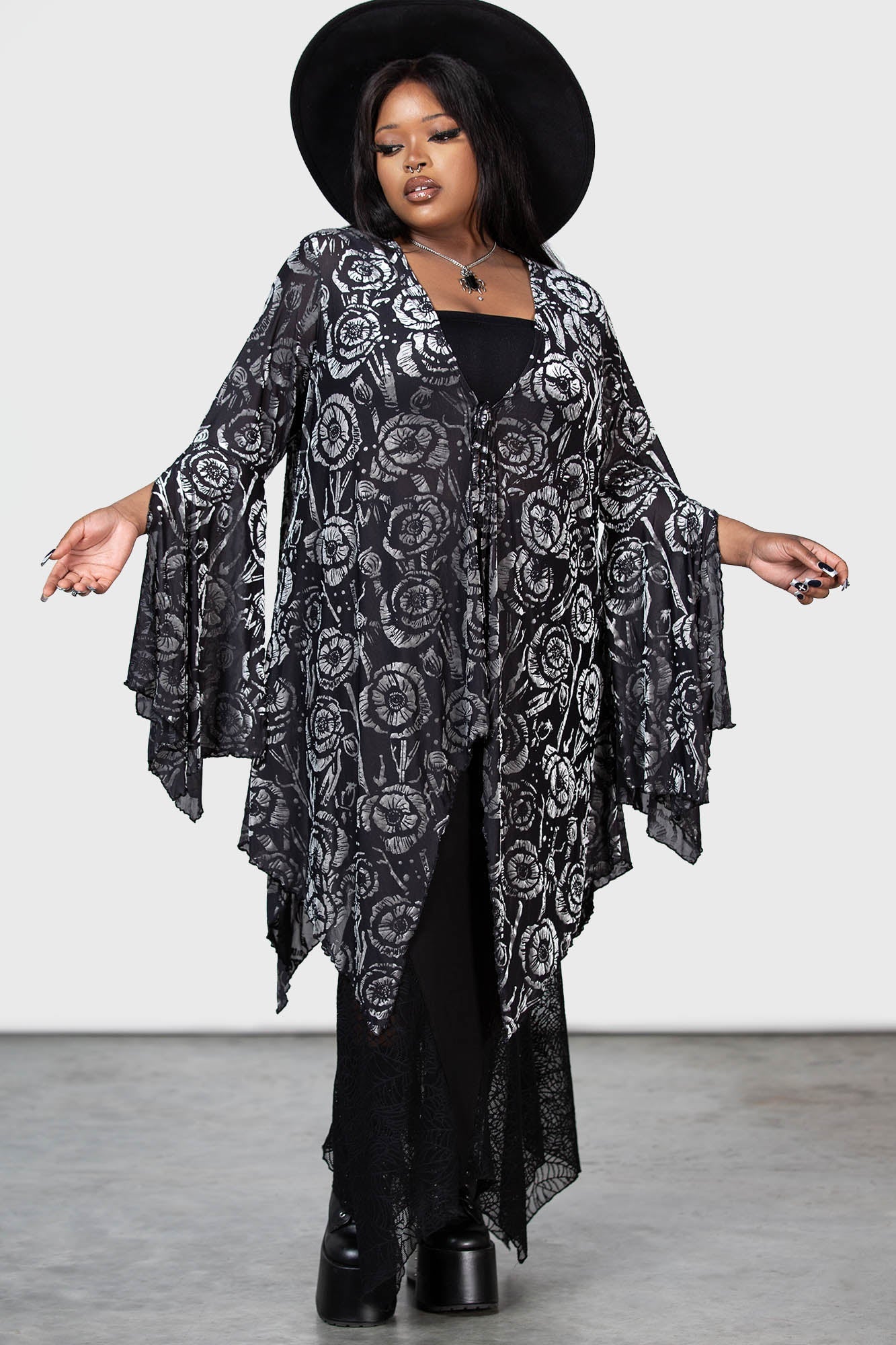 Killstar Flowering Fear Mesh Shawl with Tie Front & Waterfall Sleeves