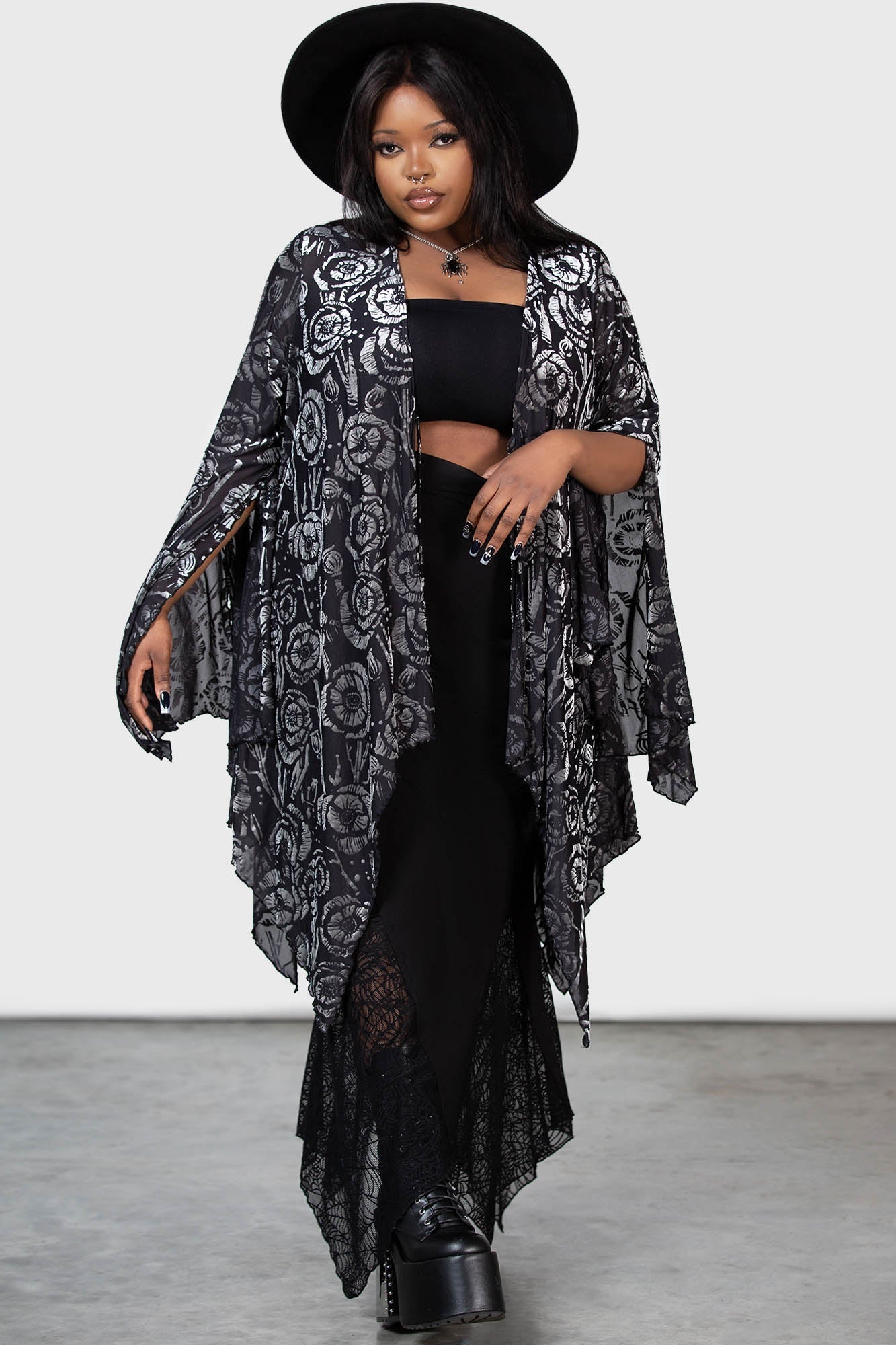 Killstar Flowering Fear Mesh Shawl with Tie Front & Waterfall Sleeves