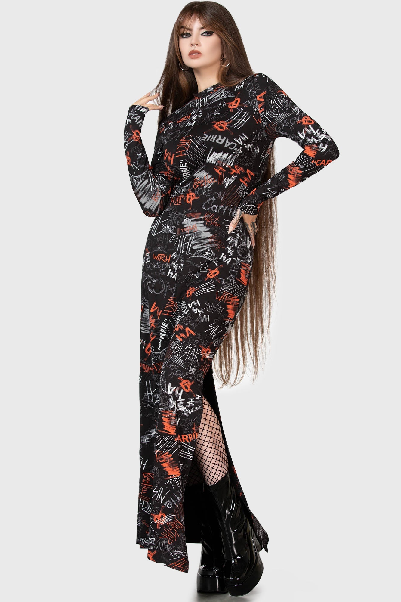 Killstar Carrie Maxi Dress - Licensed 1976 Movie Print, Long Sleeves