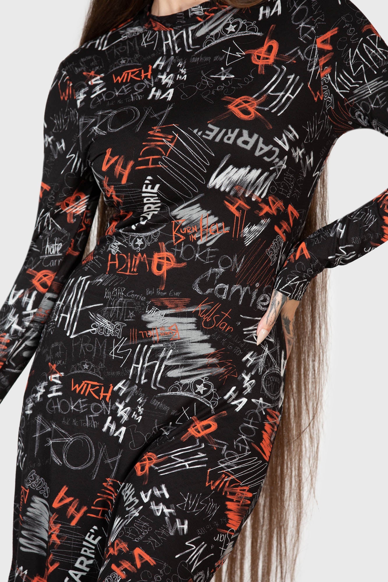 Killstar Carrie Maxi Dress - Licensed 1976 Movie Print, Long Sleeves