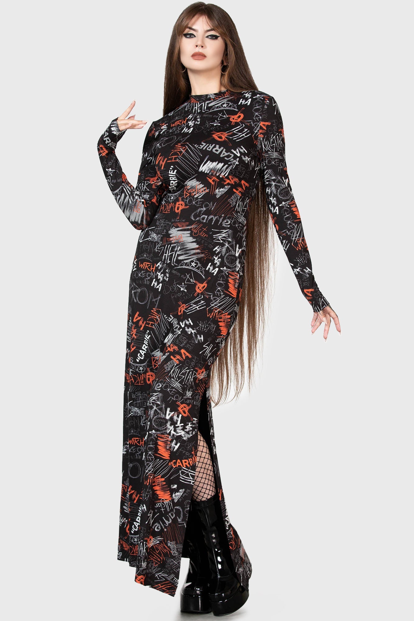 Killstar Carrie Maxi Dress - Licensed 1976 Movie Print, Long Sleeves