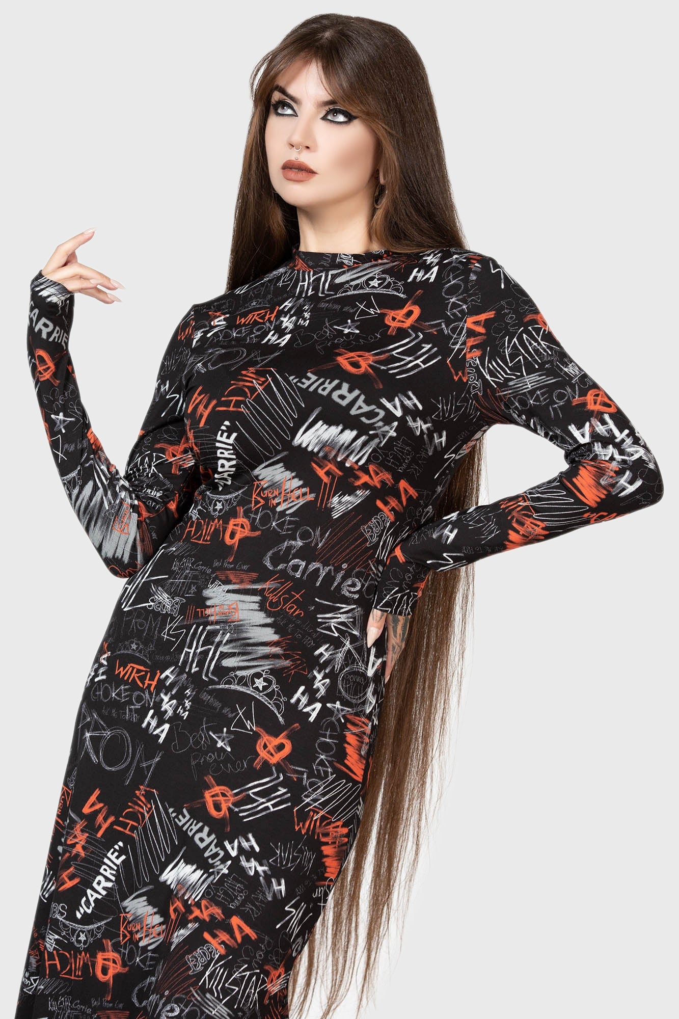 Killstar Carrie Maxi Dress - Licensed 1976 Movie Print, Long Sleeves