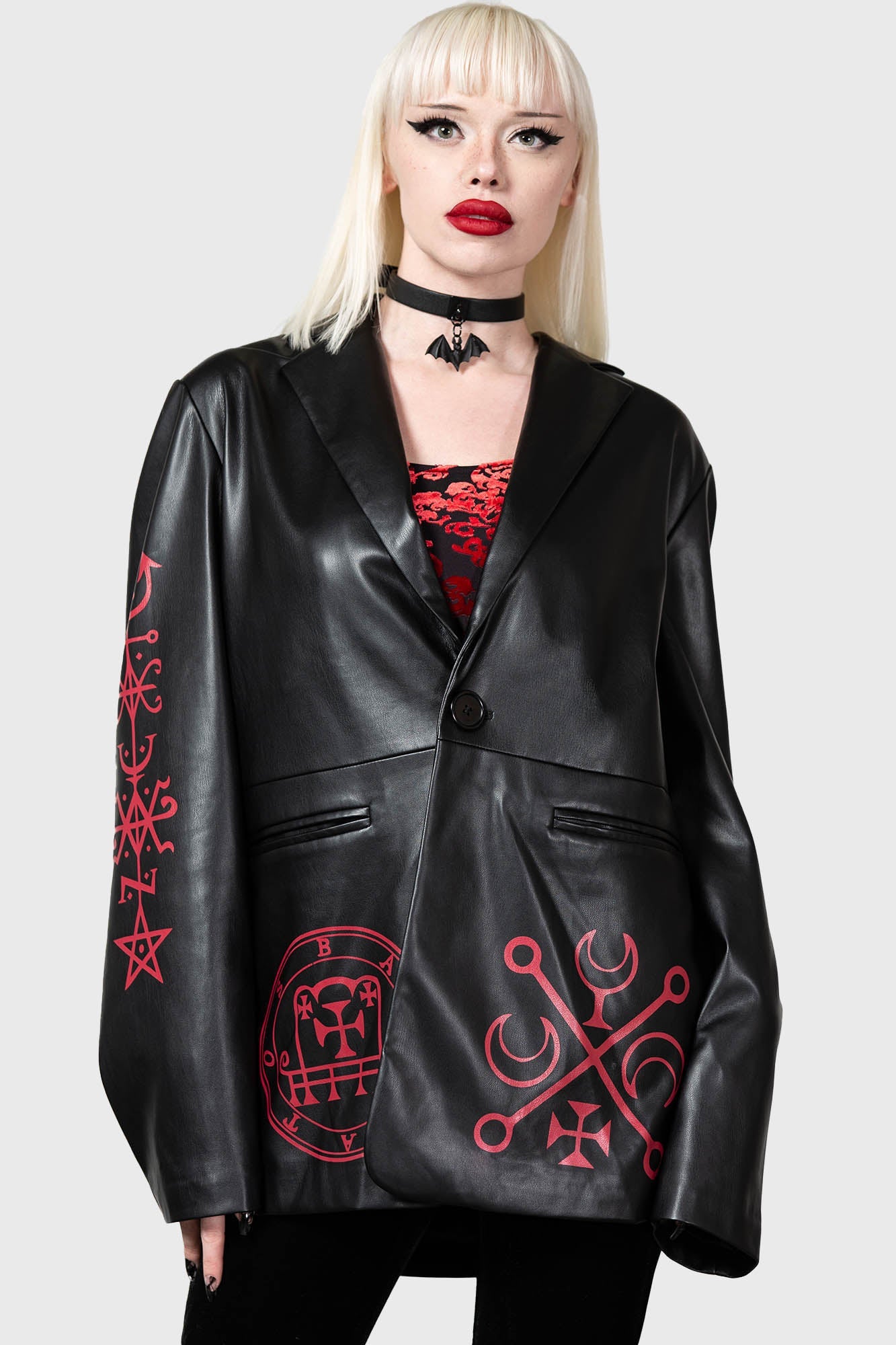 Killstar Zepar Faux Leather Jacket with Red Contrast Print