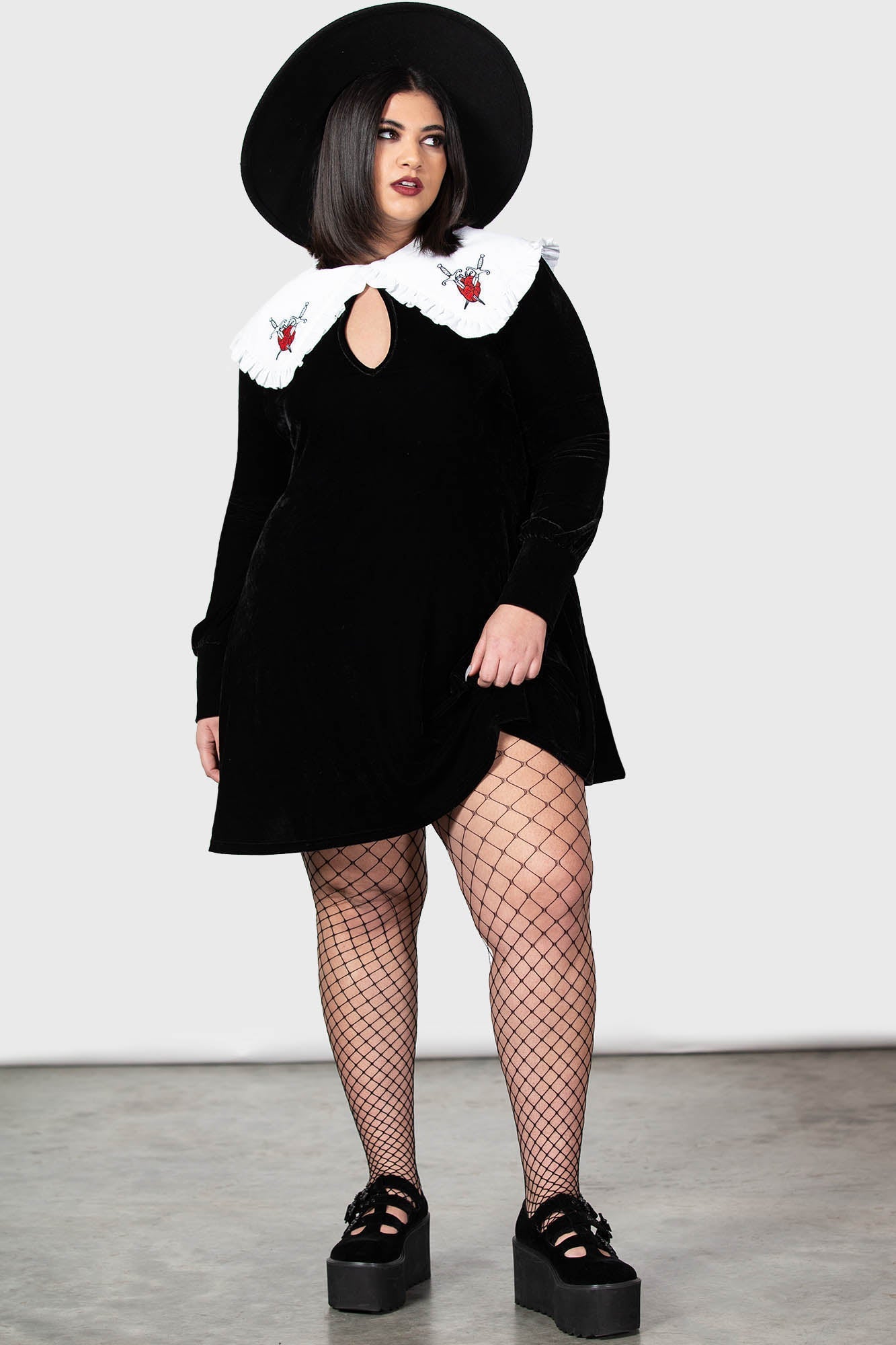 Killstar Courtney Velvet Dress with Frilly Collar & Pockets