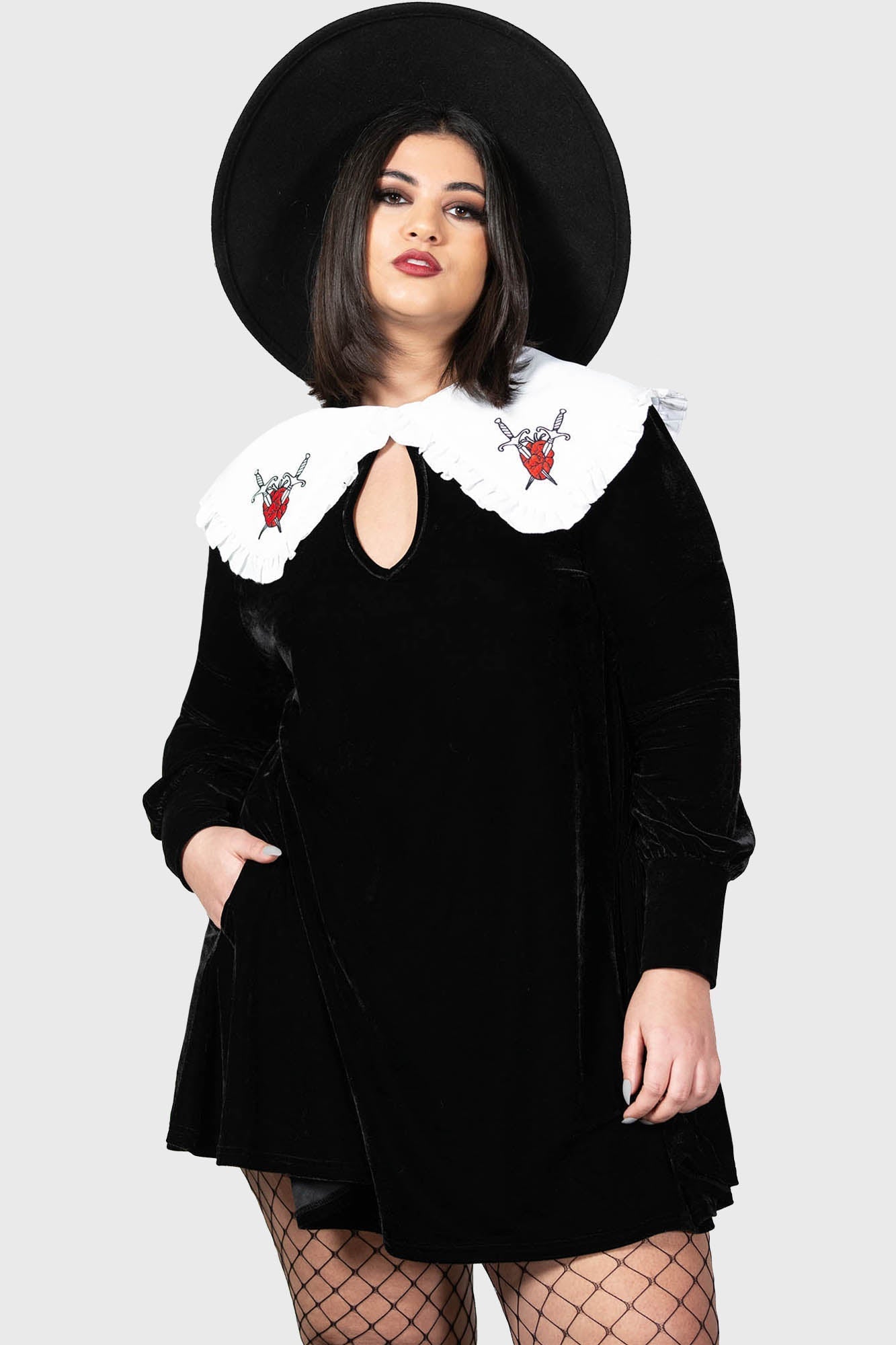 Killstar Courtney Velvet Dress with Frilly Collar & Pockets
