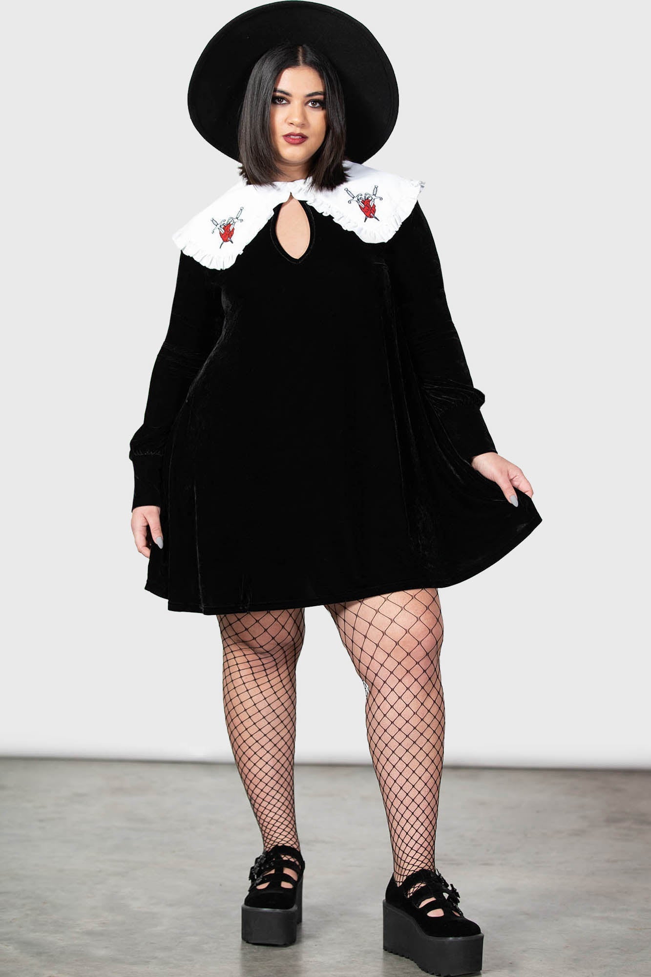 Killstar Courtney Velvet Dress with Frilly Collar & Pockets