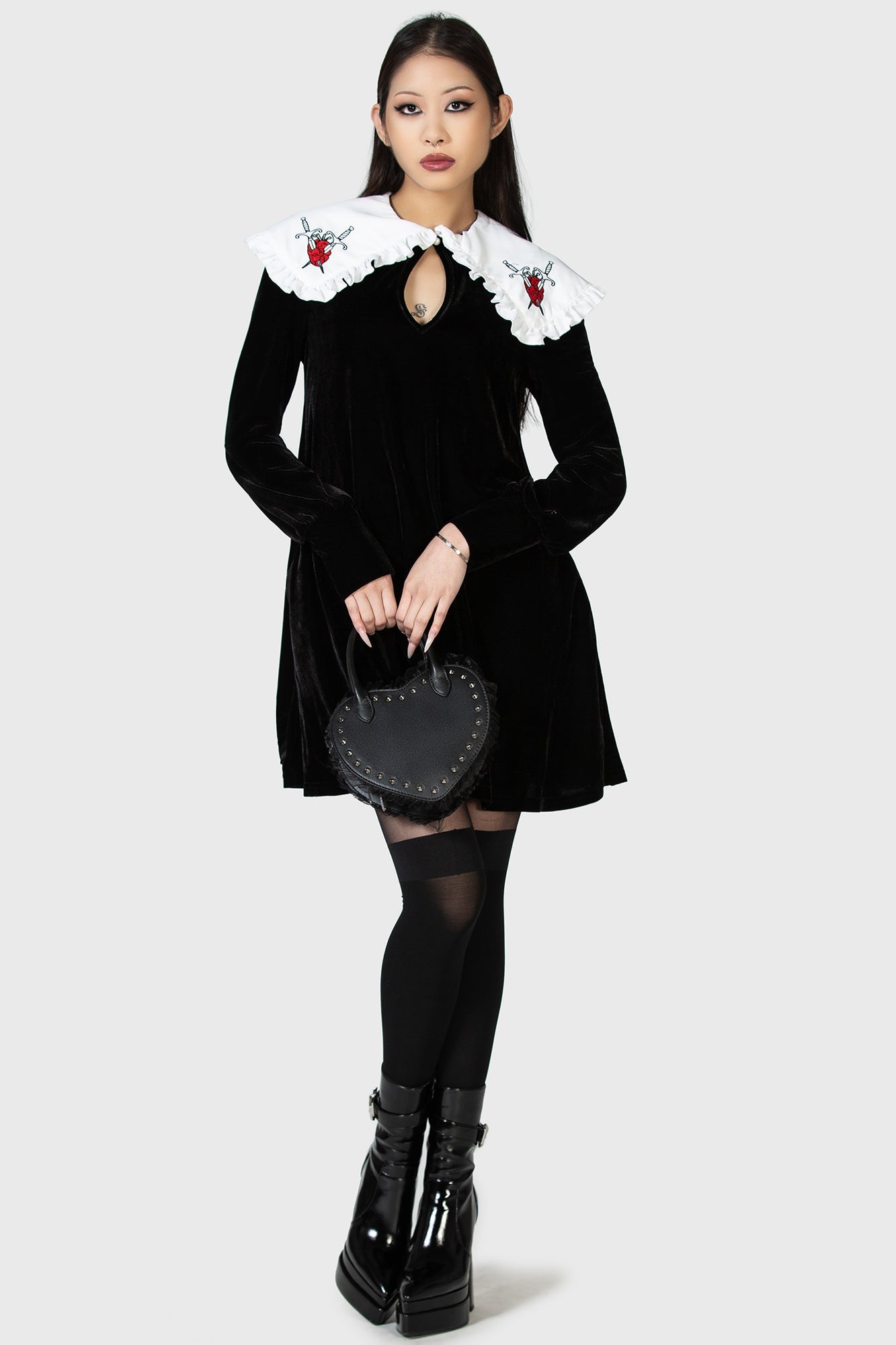 Killstar Courtney Velvet Dress with Frilly Collar & Pockets