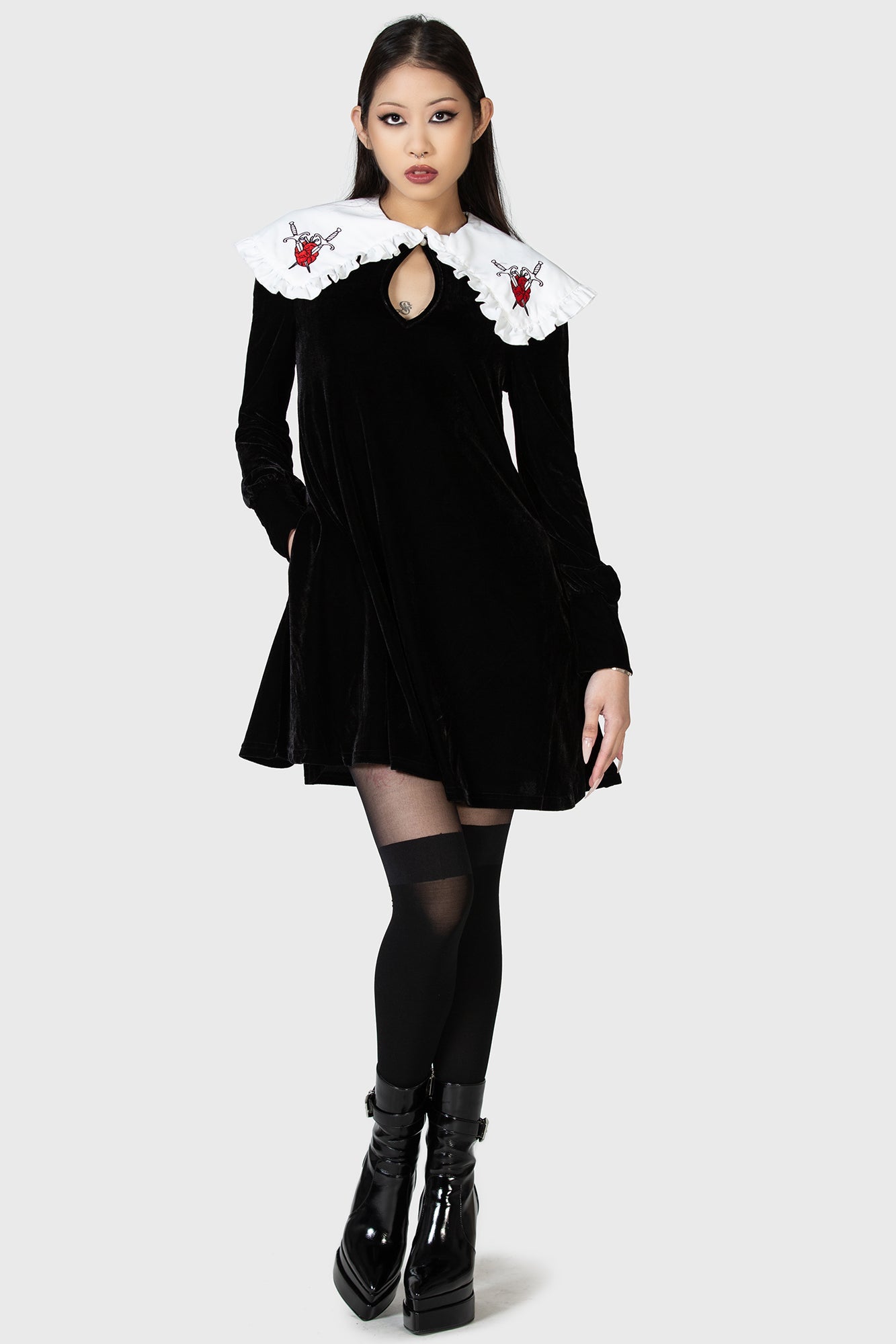 Killstar Courtney Velvet Dress with Frilly Collar & Pockets