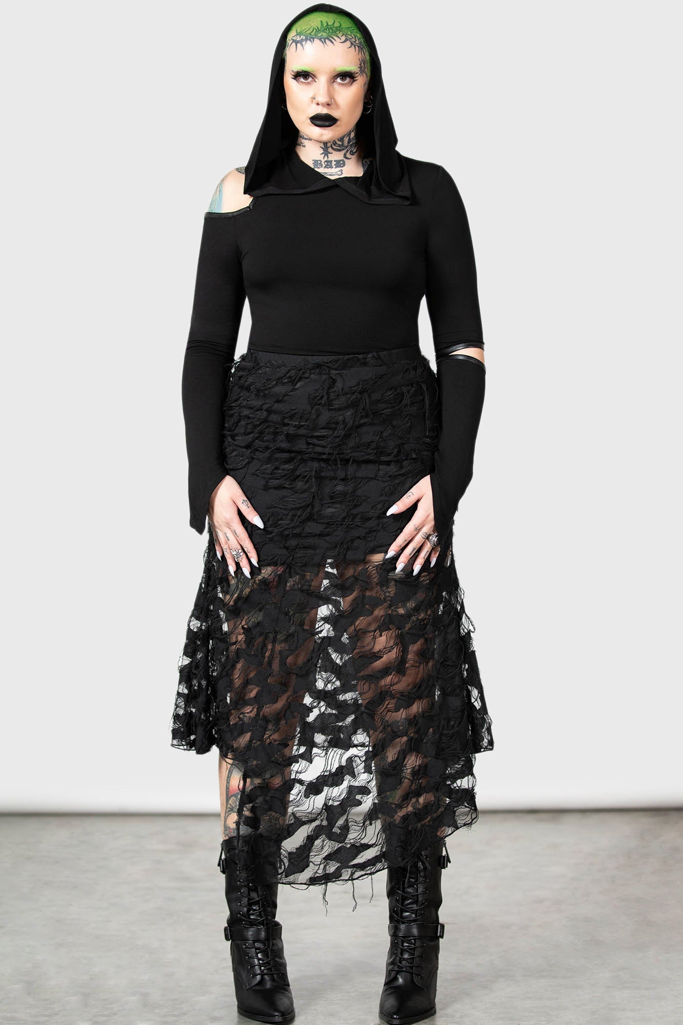 Killstar Nightdew Distressed Mesh Midi Skirt with Slip