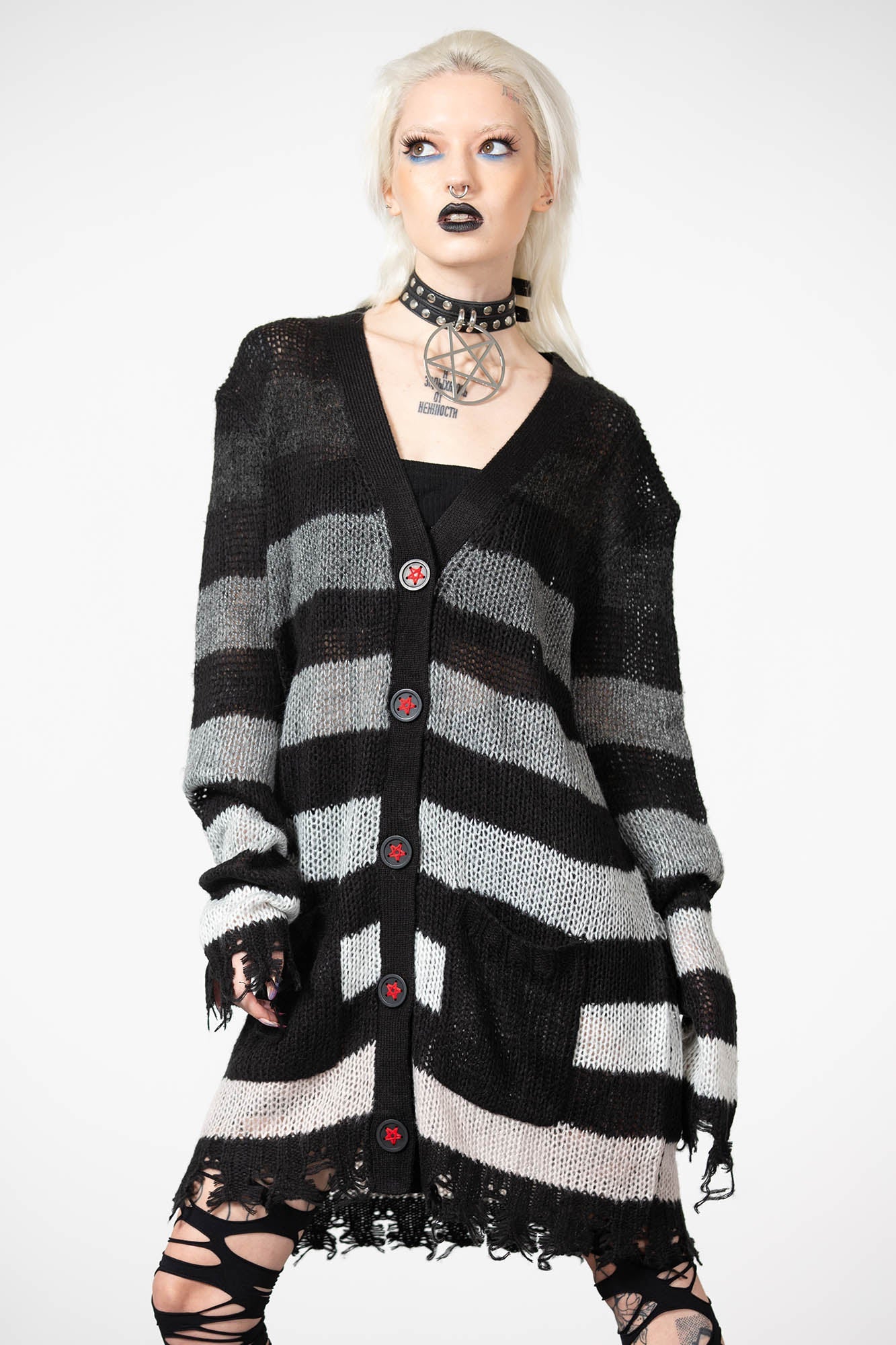 Killstar Strip of Evil Distressed Cardigan with Red Pentagram Buttons