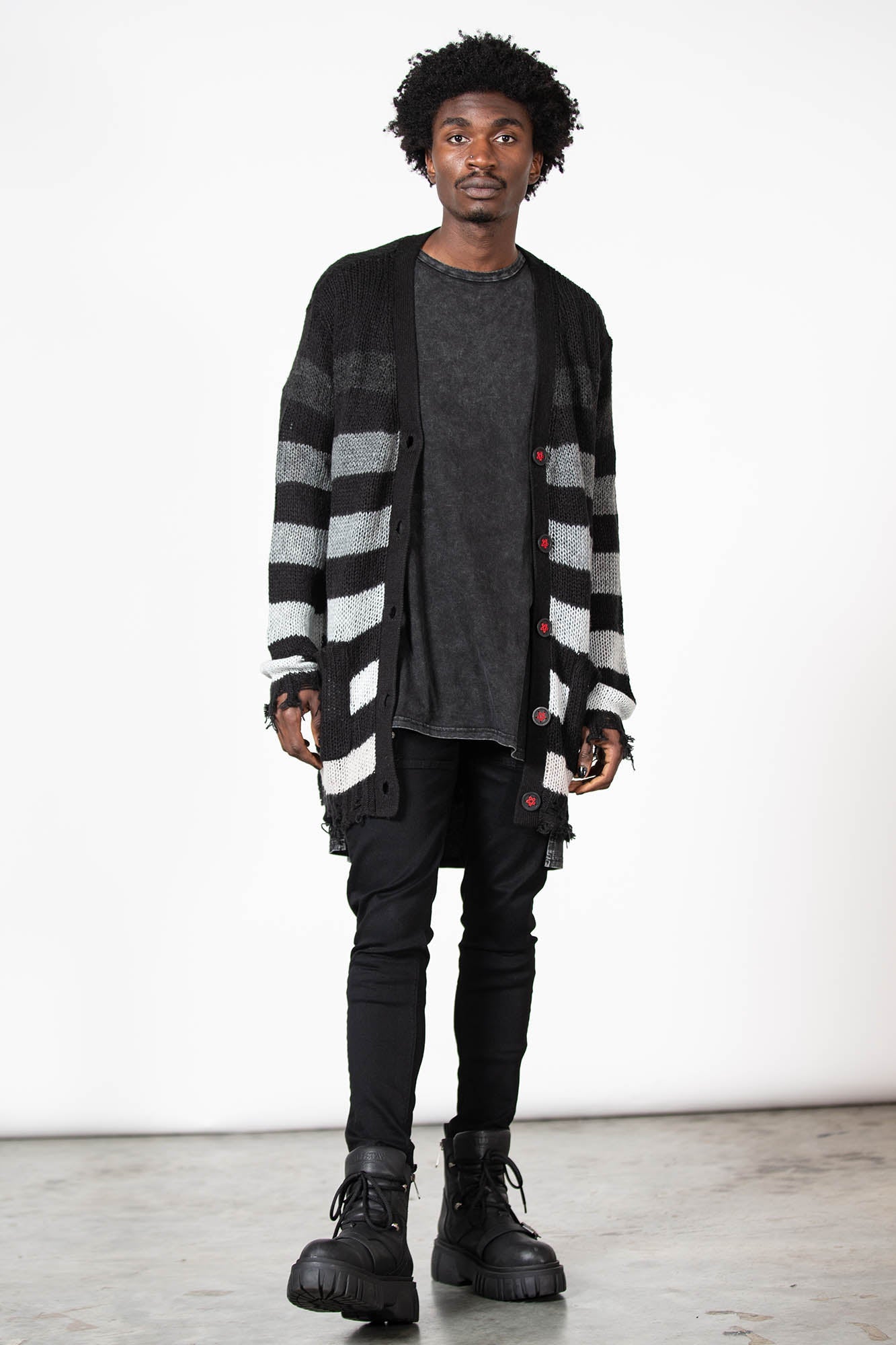 Killstar Strip of Evil Distressed Cardigan with Red Pentagram Buttons