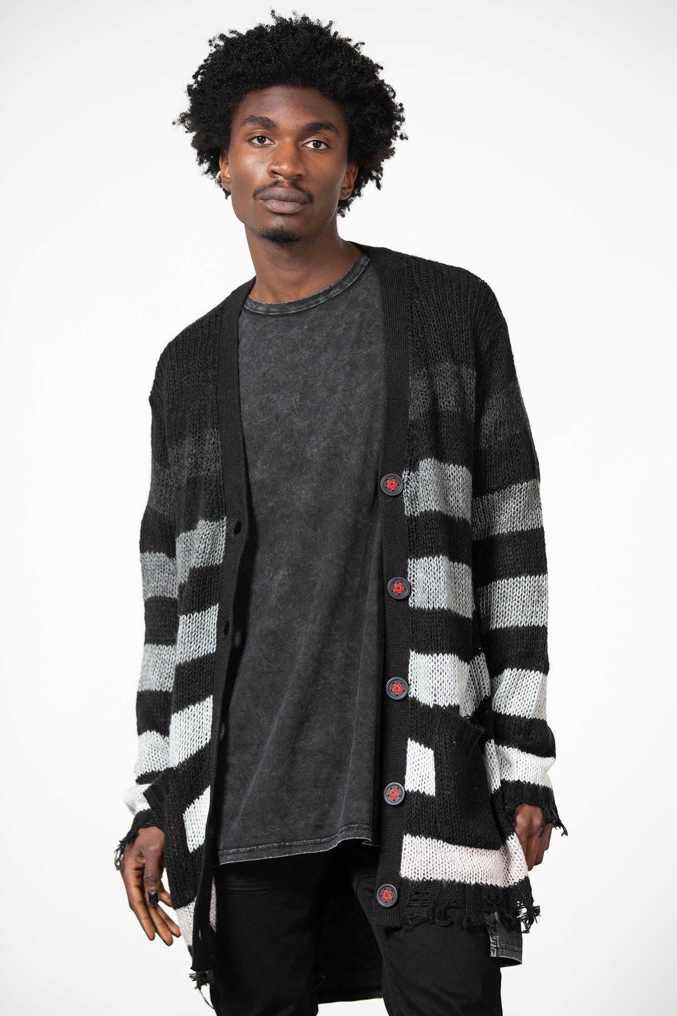 Killstar Strip of Evil Distressed Cardigan with Red Pentagram Buttons