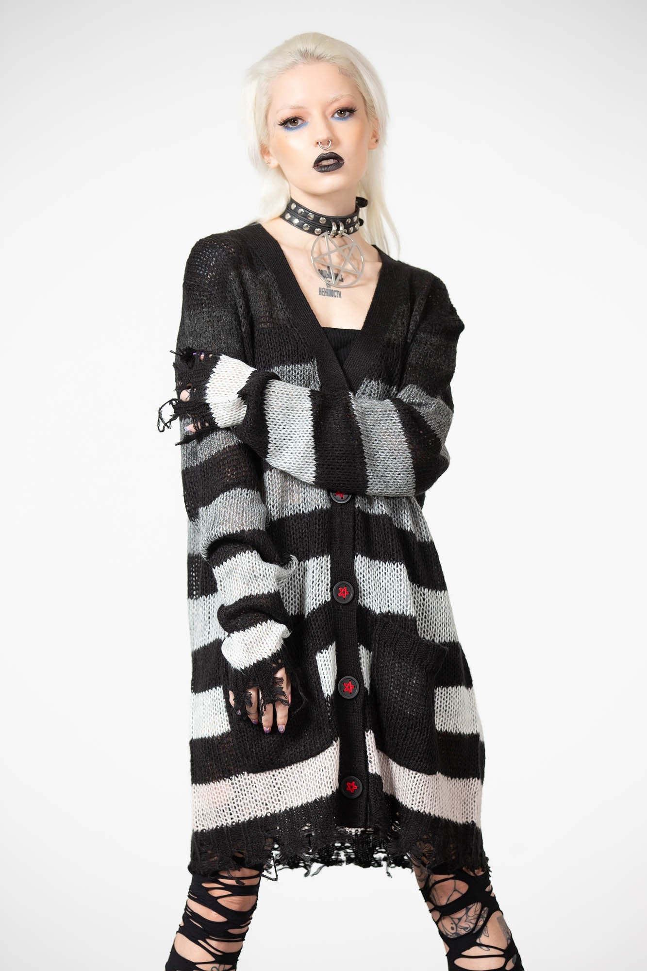 Killstar Strip of Evil Distressed Cardigan with Red Pentagram Buttons