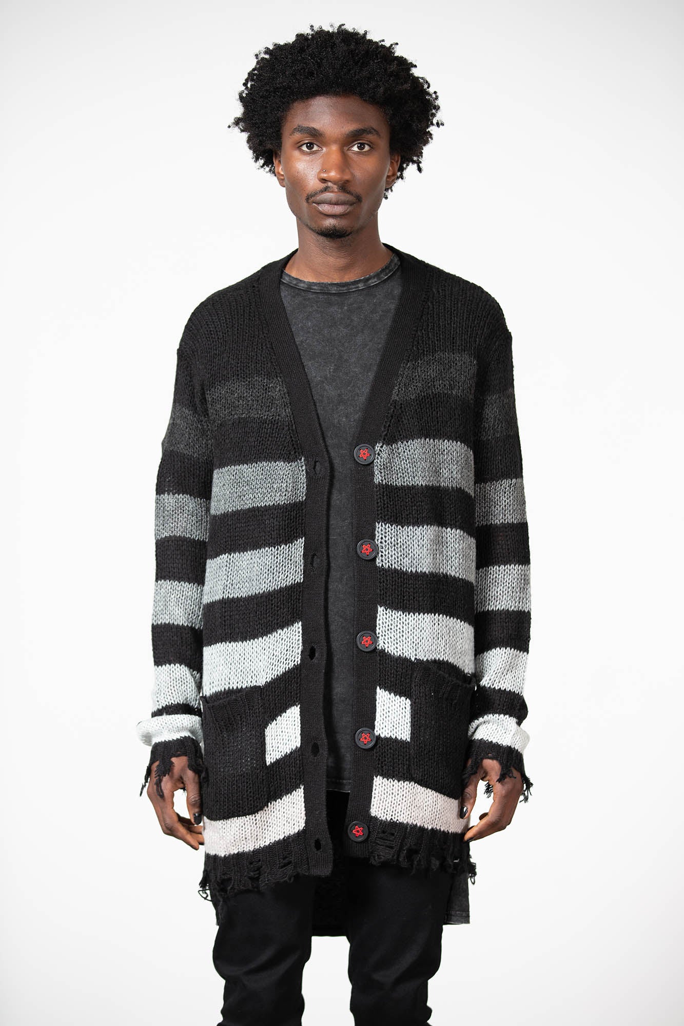 Killstar Strip of Evil Distressed Cardigan with Red Pentagram Buttons