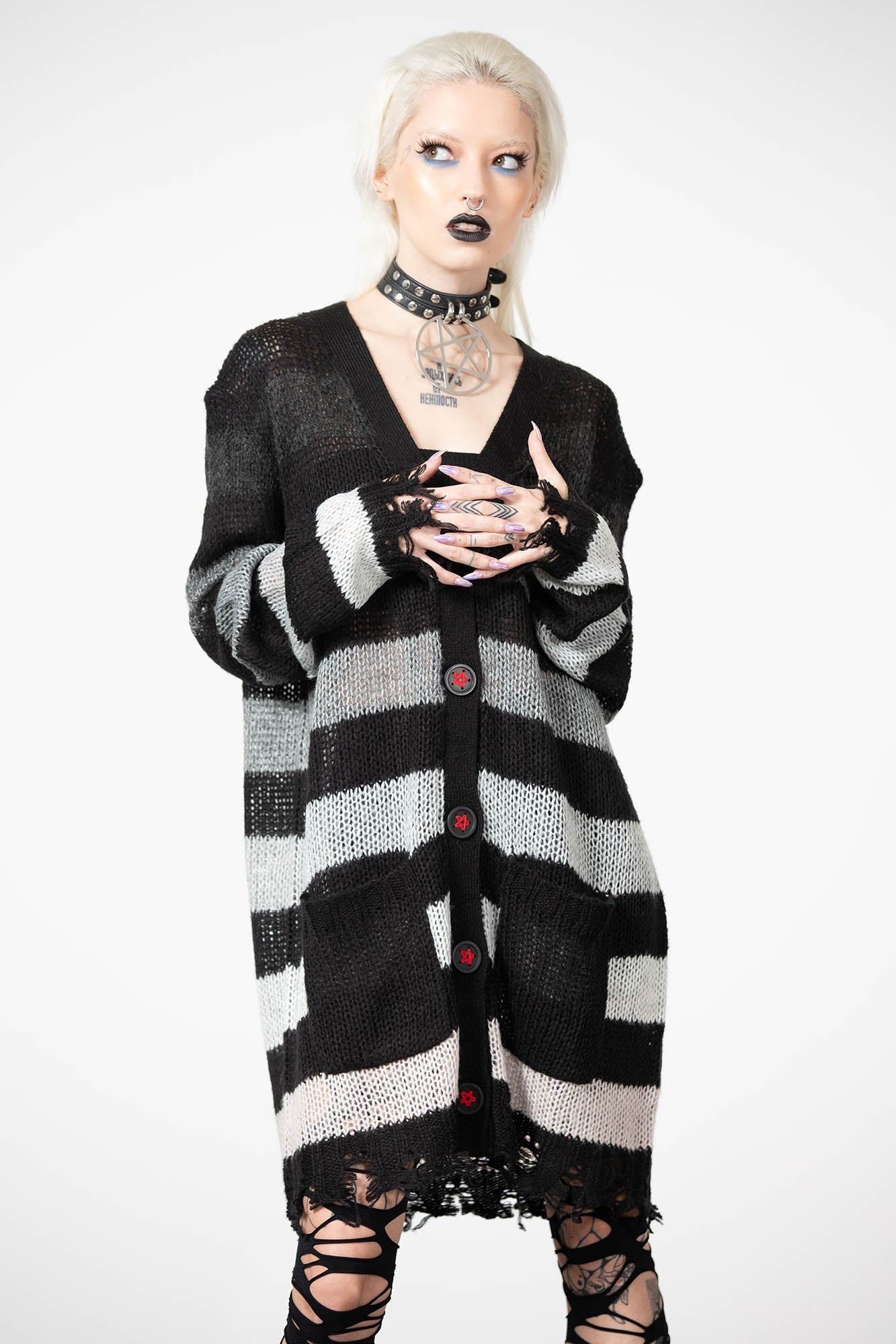 Killstar Strip of Evil Distressed Cardigan with Red Pentagram Buttons