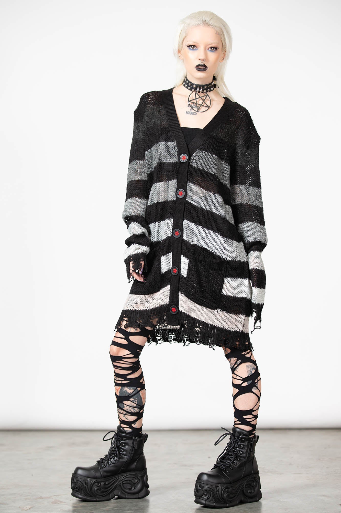 Killstar Strip of Evil Distressed Cardigan with Red Pentagram Buttons