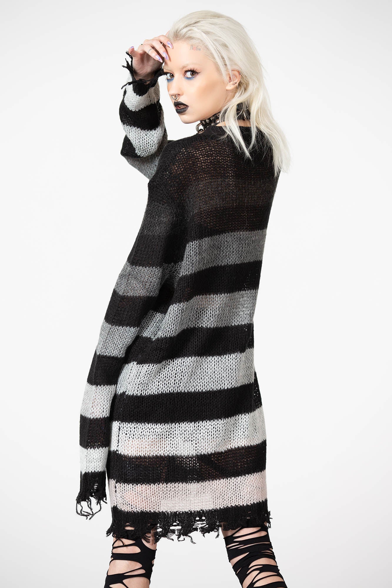 Killstar Strip of Evil Distressed Cardigan with Red Pentagram Buttons