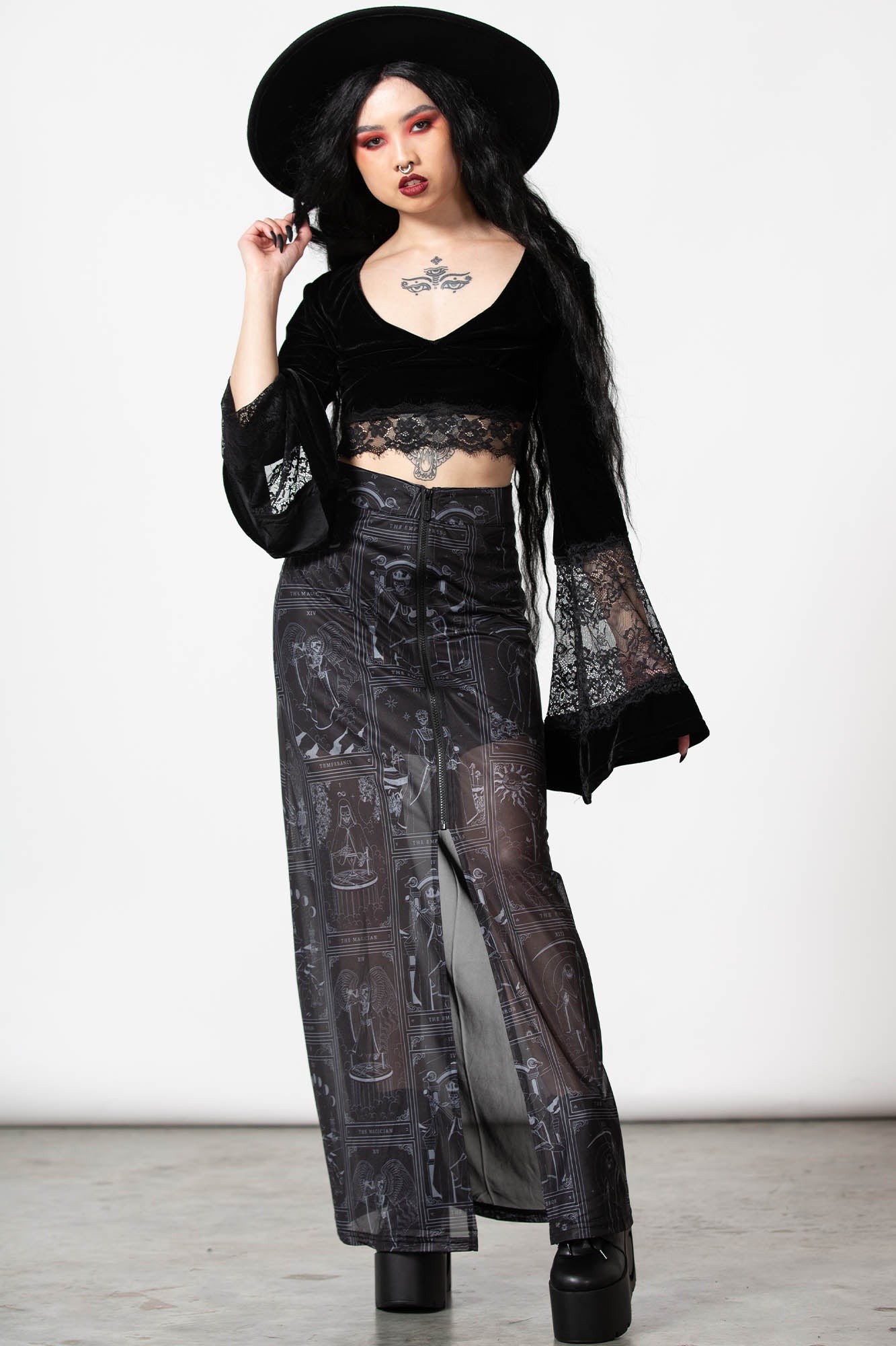 Killstar Chaslise Maxi Skirt - High Waisted Mesh with Side Slits