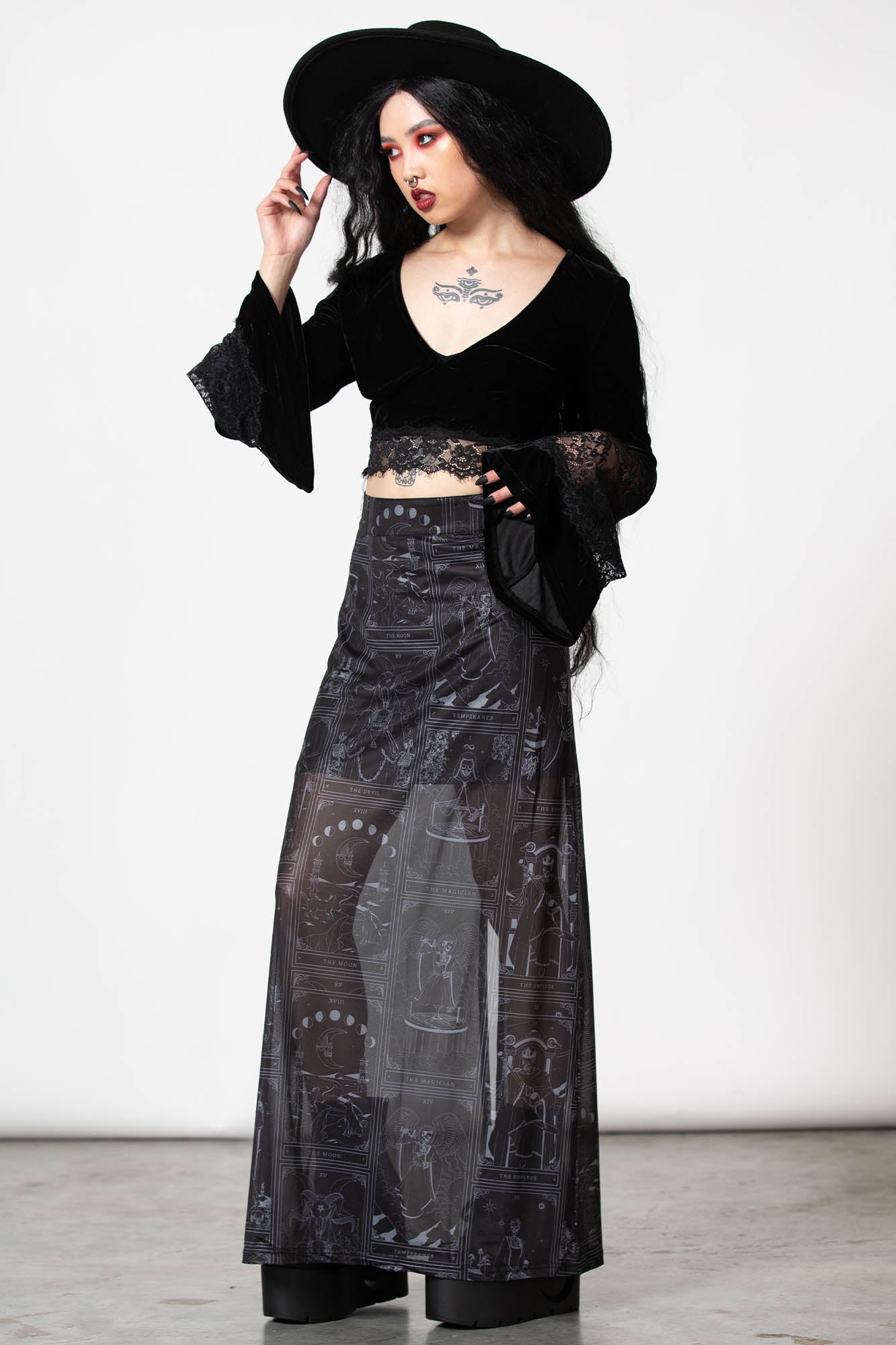 Killstar Chaslise Maxi Skirt - High Waisted Mesh with Side Slits