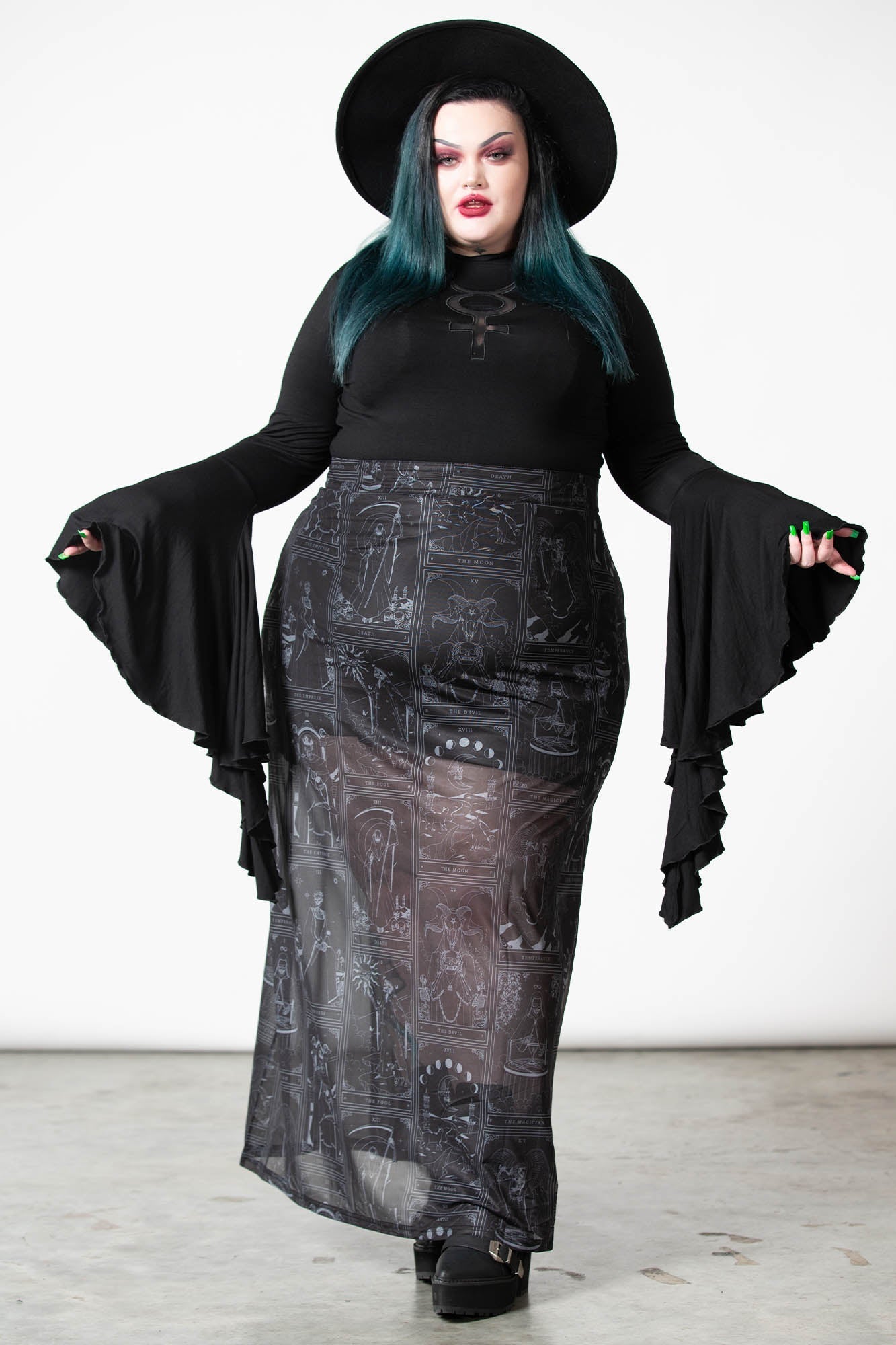 Killstar Chaslise Maxi Skirt - High Waisted Mesh with Side Slits