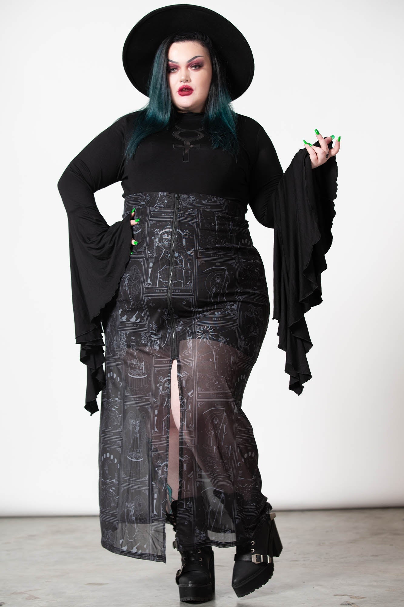 Killstar Chaslise Maxi Skirt - High Waisted Mesh with Side Slits