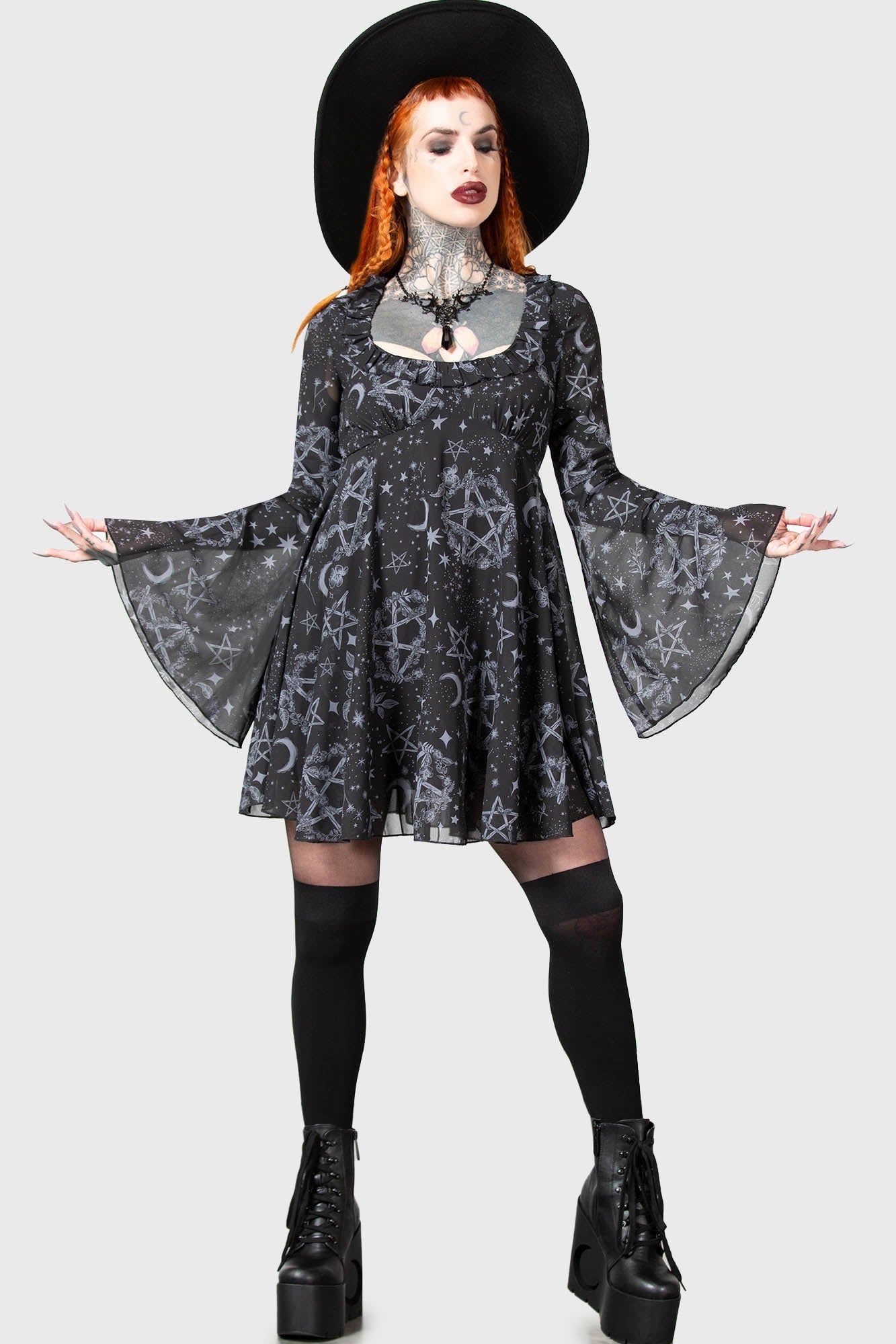 Killstar Astral Willow Mesh Dress with Flare Sleeves