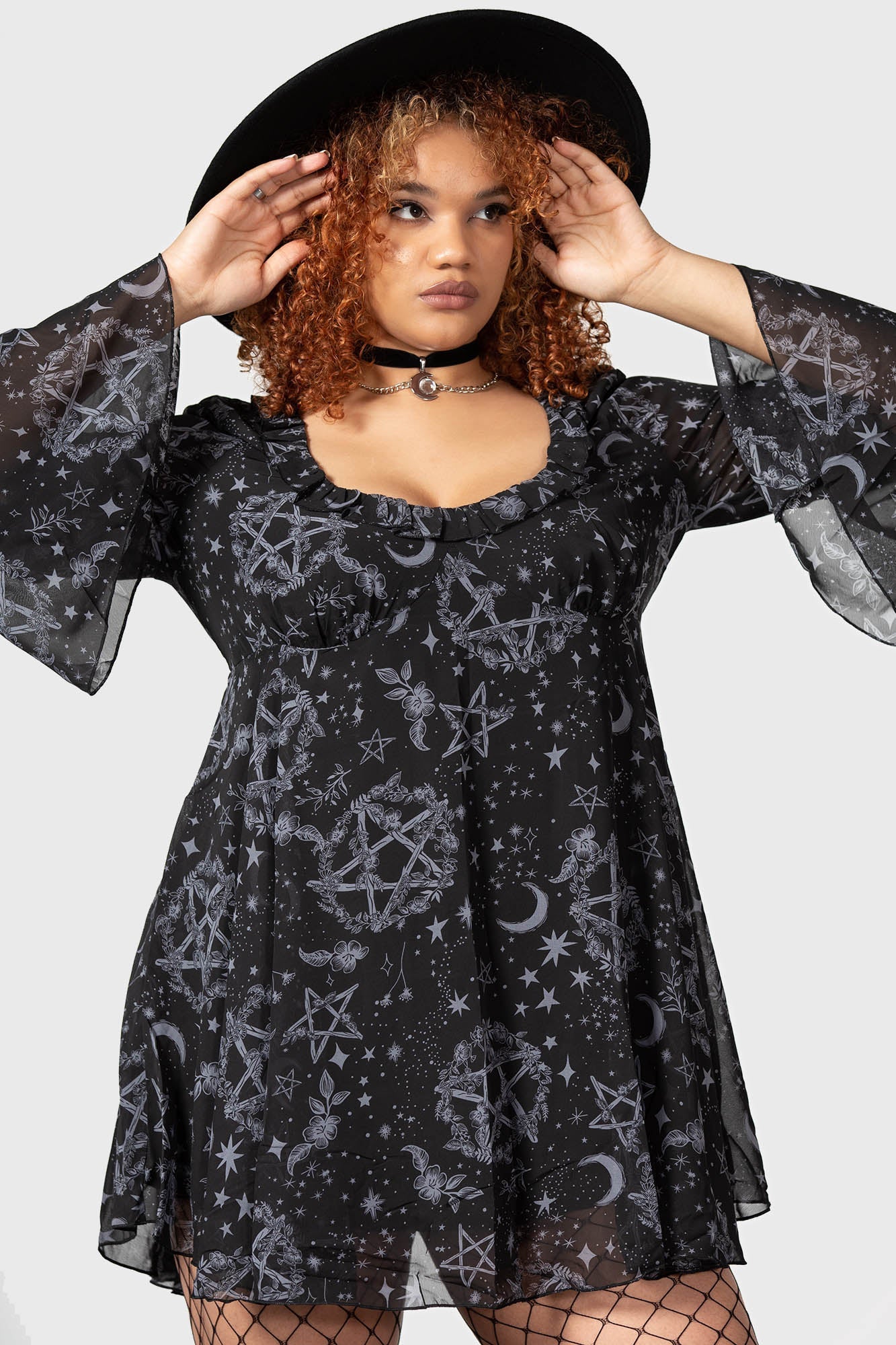 Killstar Astral Willow Mesh Dress with Flare Sleeves