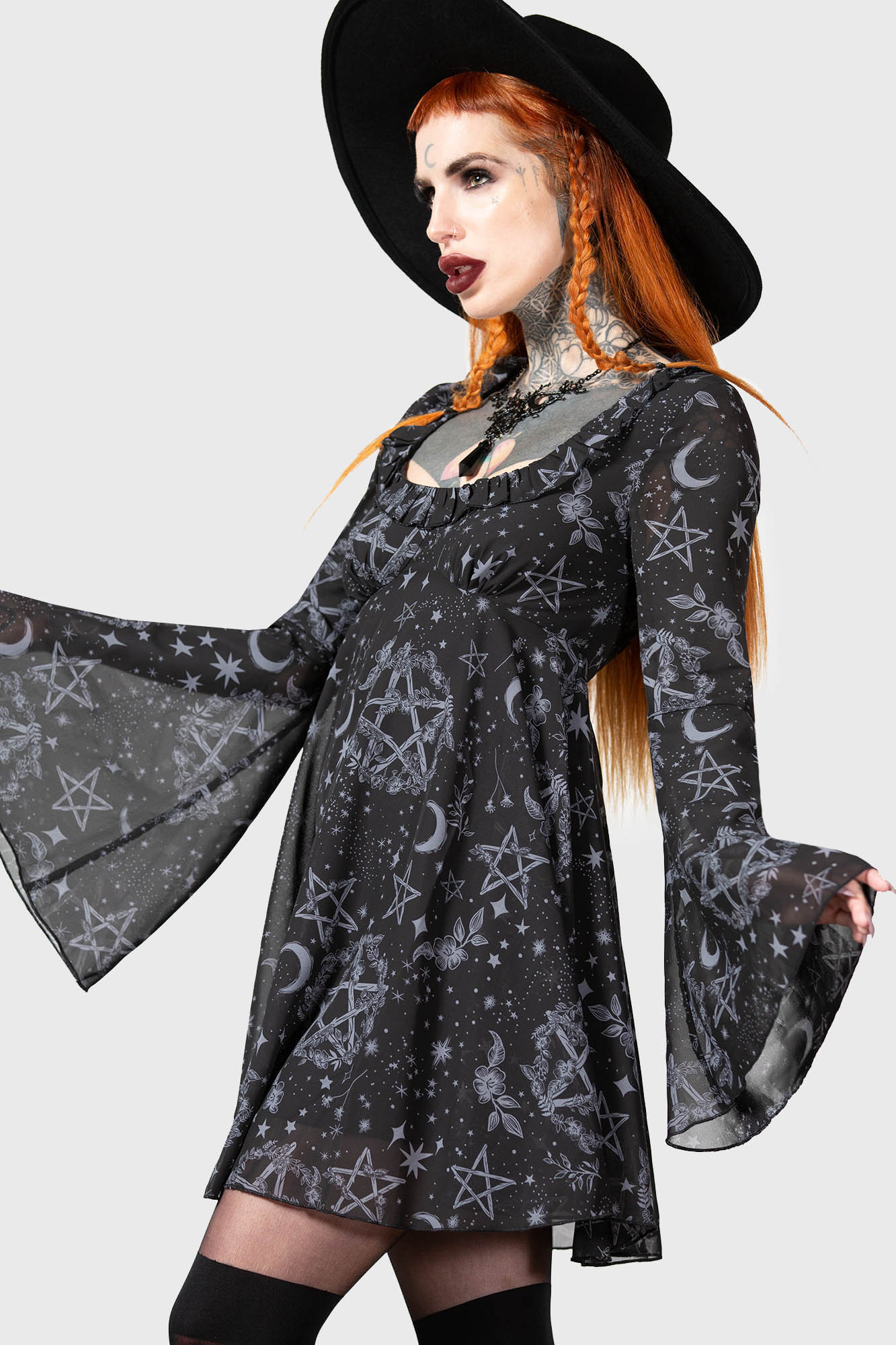 Killstar Astral Willow Mesh Dress with Flare Sleeves