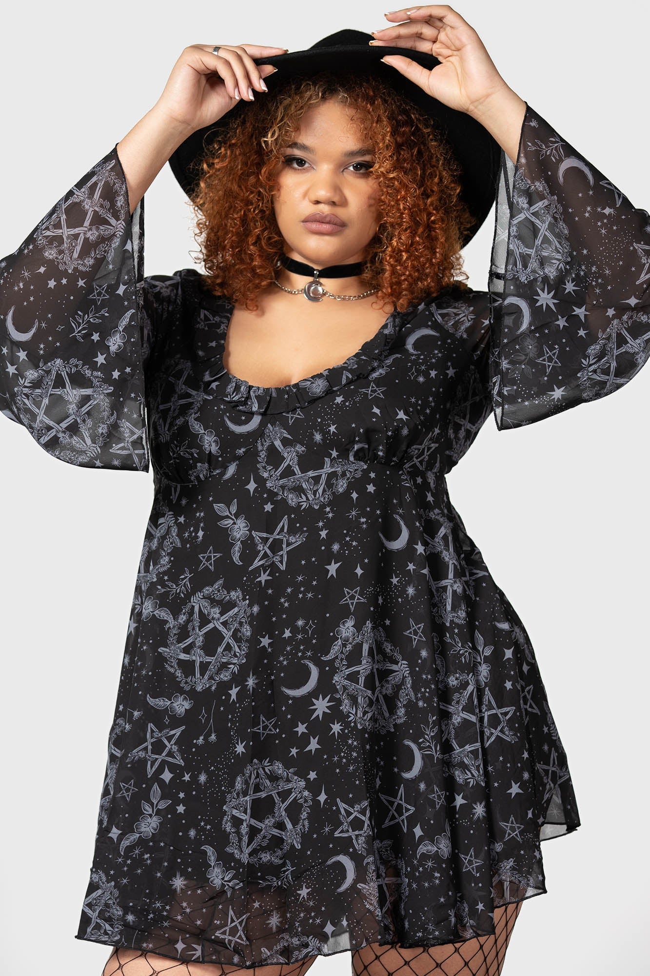 Killstar Astral Willow Mesh Dress with Flare Sleeves