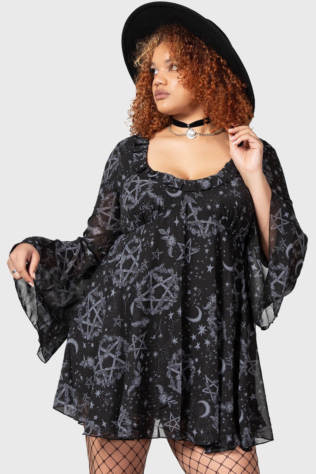 Killstar Astral Willow Mesh Dress with Flare Sleeves