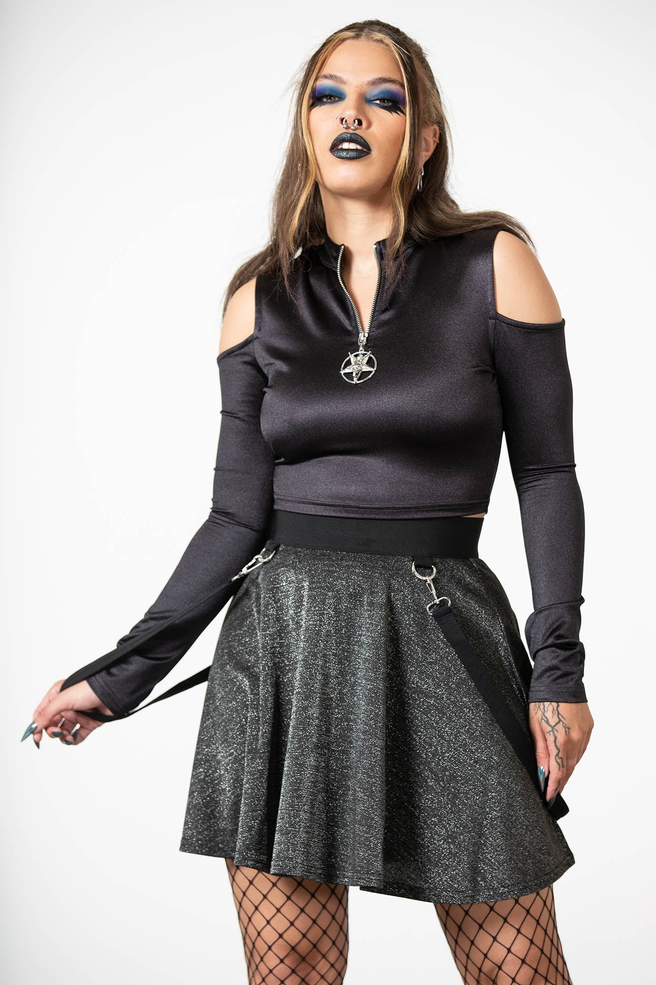 Killstar Knavery Cropped Fitted Top with Baphomet Zip Pendant