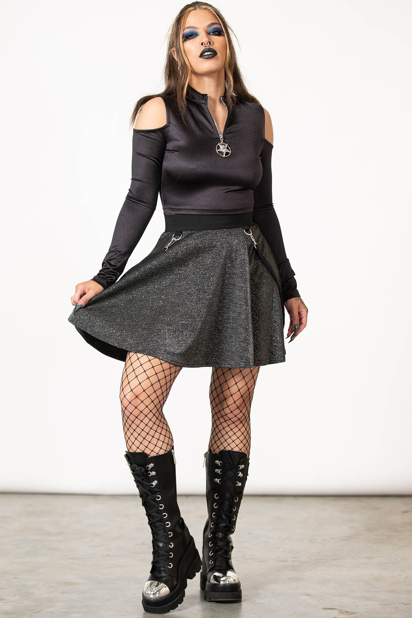 Killstar Knavery Cropped Fitted Top with Baphomet Zip Pendant