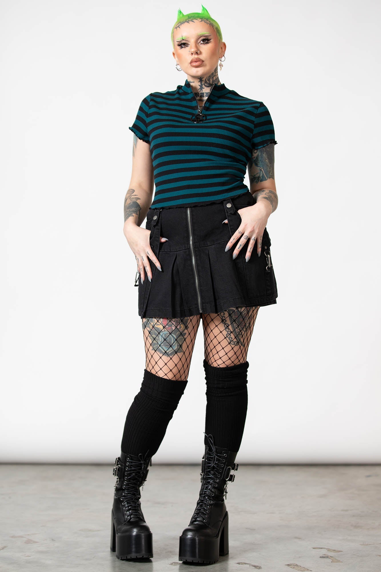 Killstar Malkin Green Crop Top with Zip Neck & Lettuce Hem