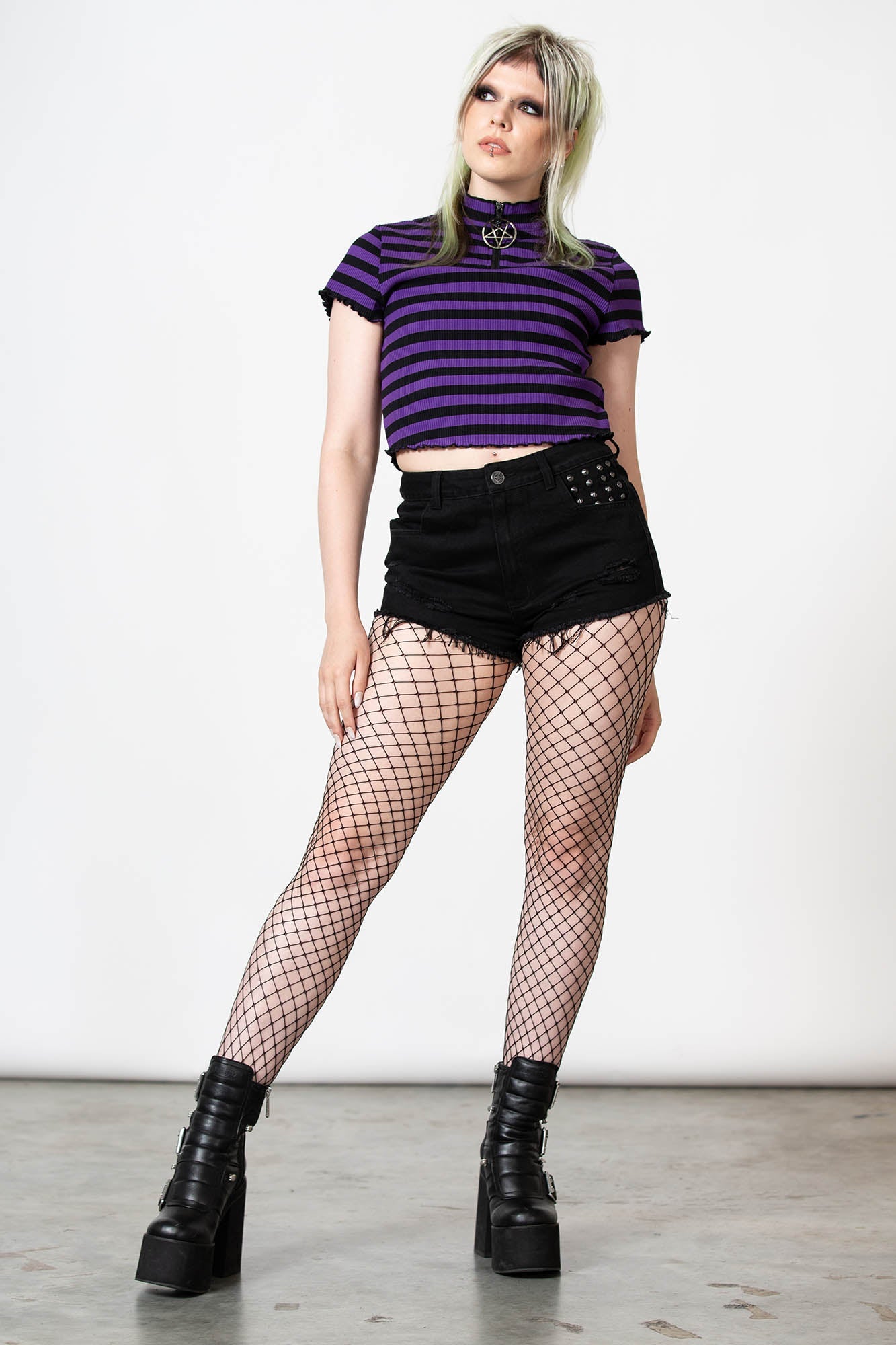 Killstar Malkin Purple Crop Top with Zip Neck & Lettuce Hem