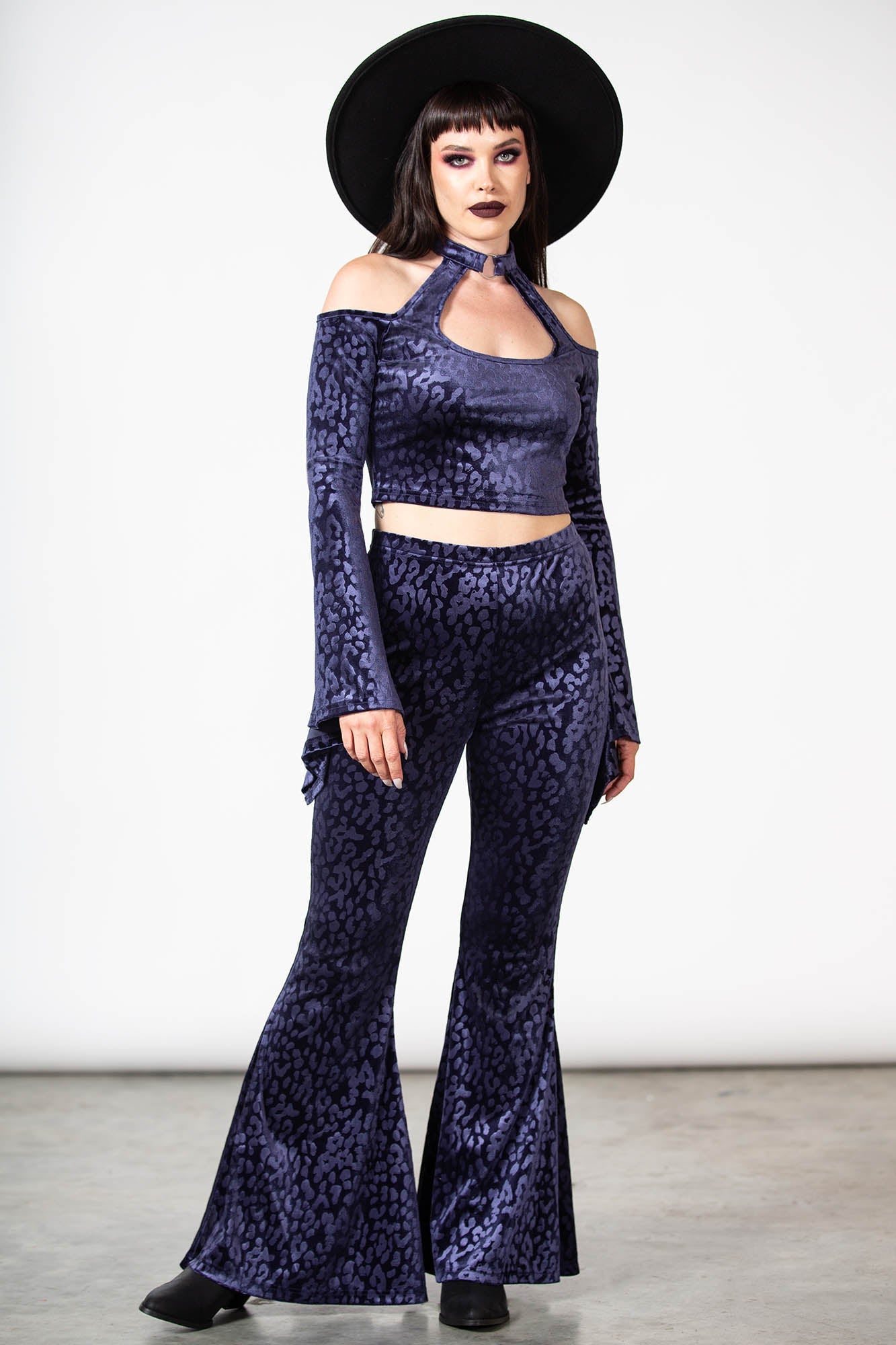 Ferine Plum Velvet Bell Bottom Pants with Leopard Print