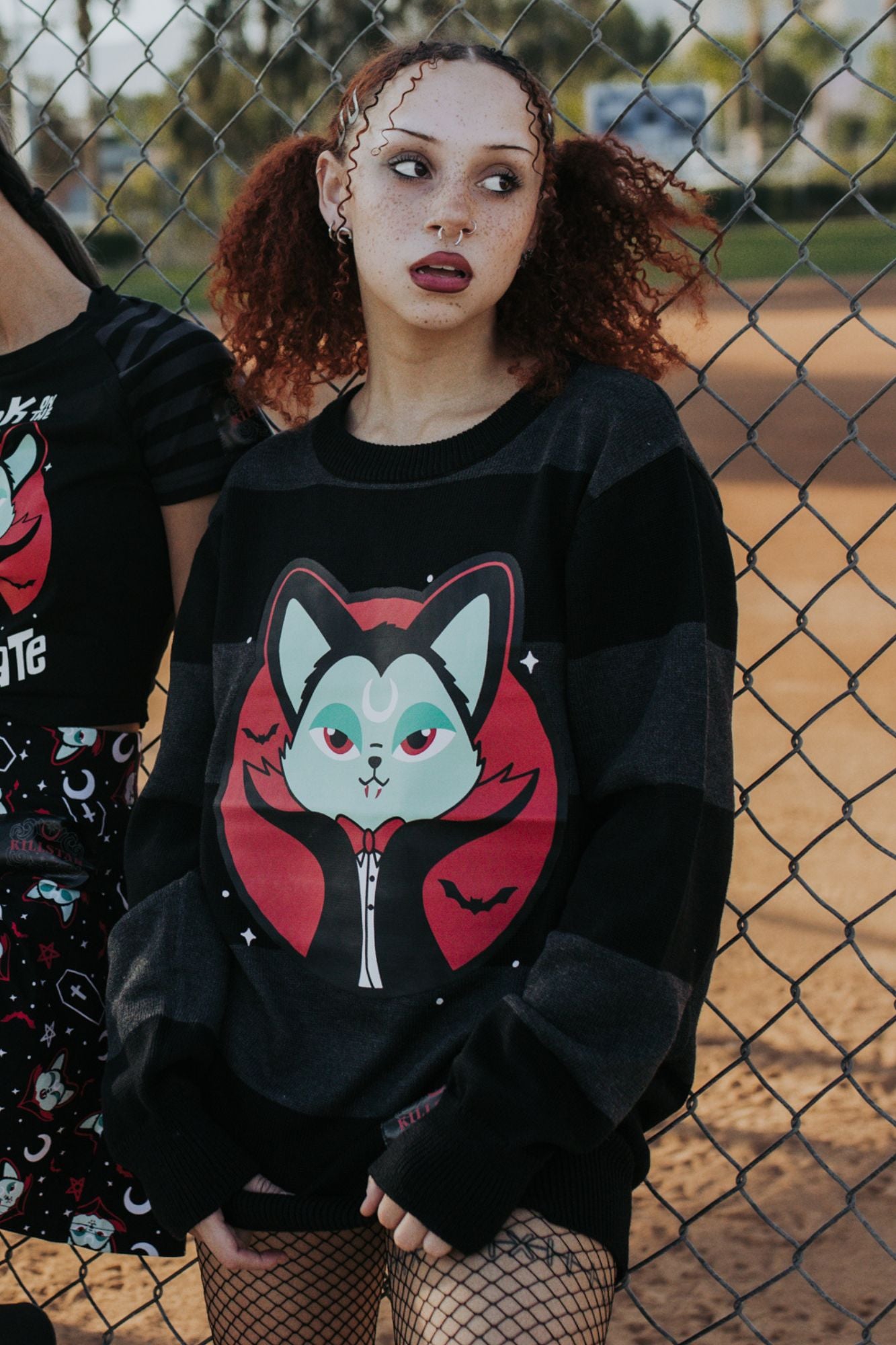 Killstar Vampurr Grey Stripe Knit Sweater - Relaxed Fit