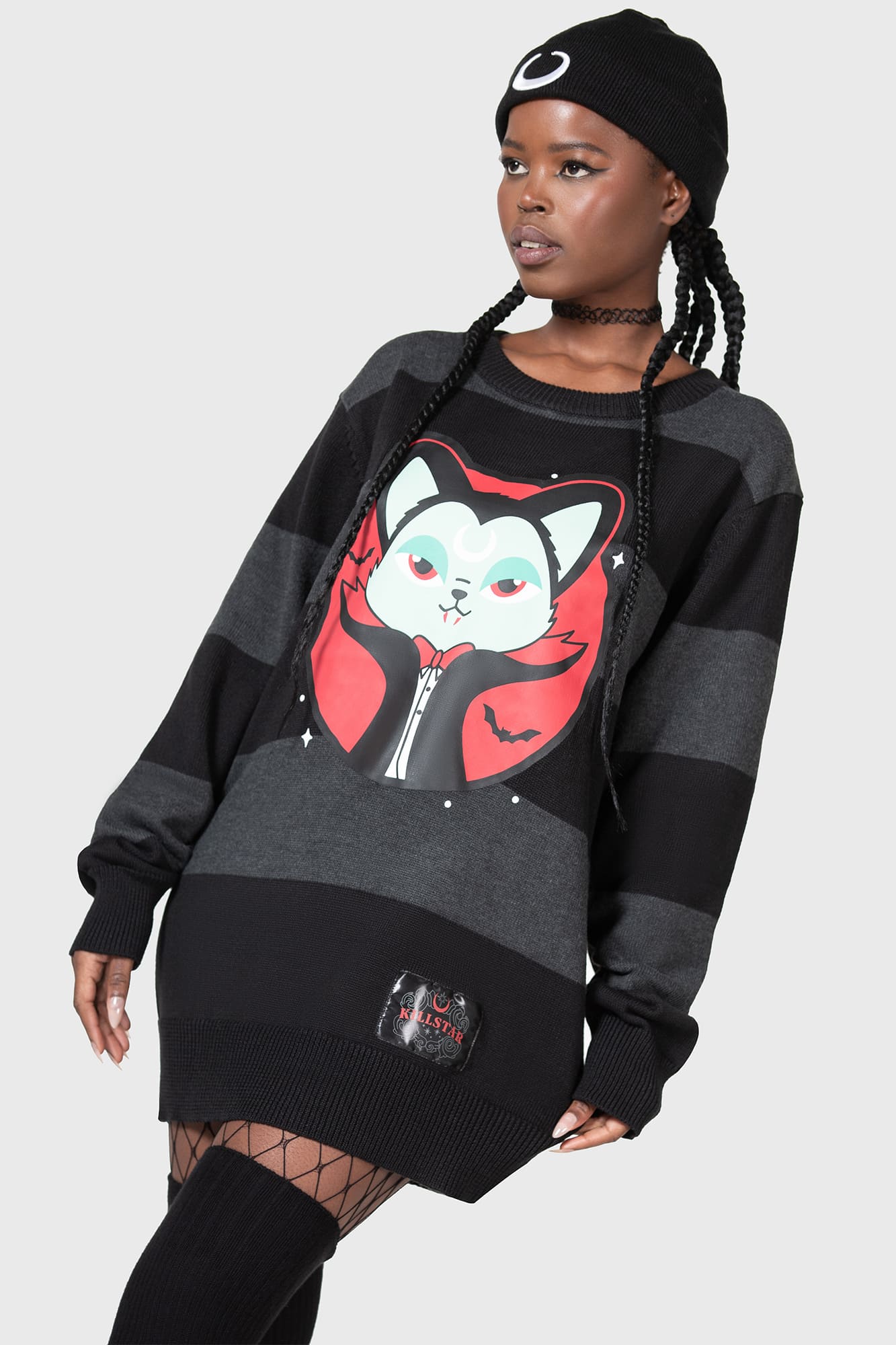 Killstar Vampurr Grey Stripe Knit Sweater - Relaxed Fit