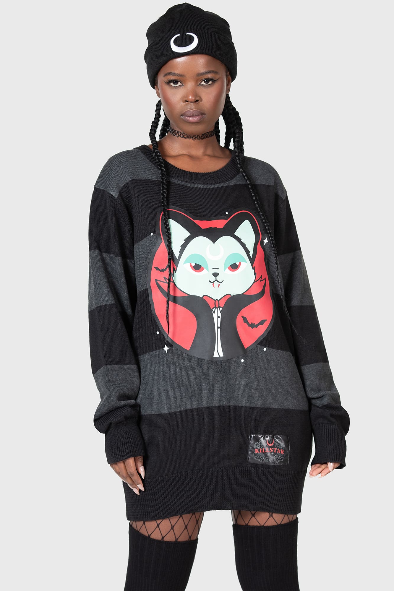 Killstar Vampurr Grey Stripe Knit Sweater - Relaxed Fit