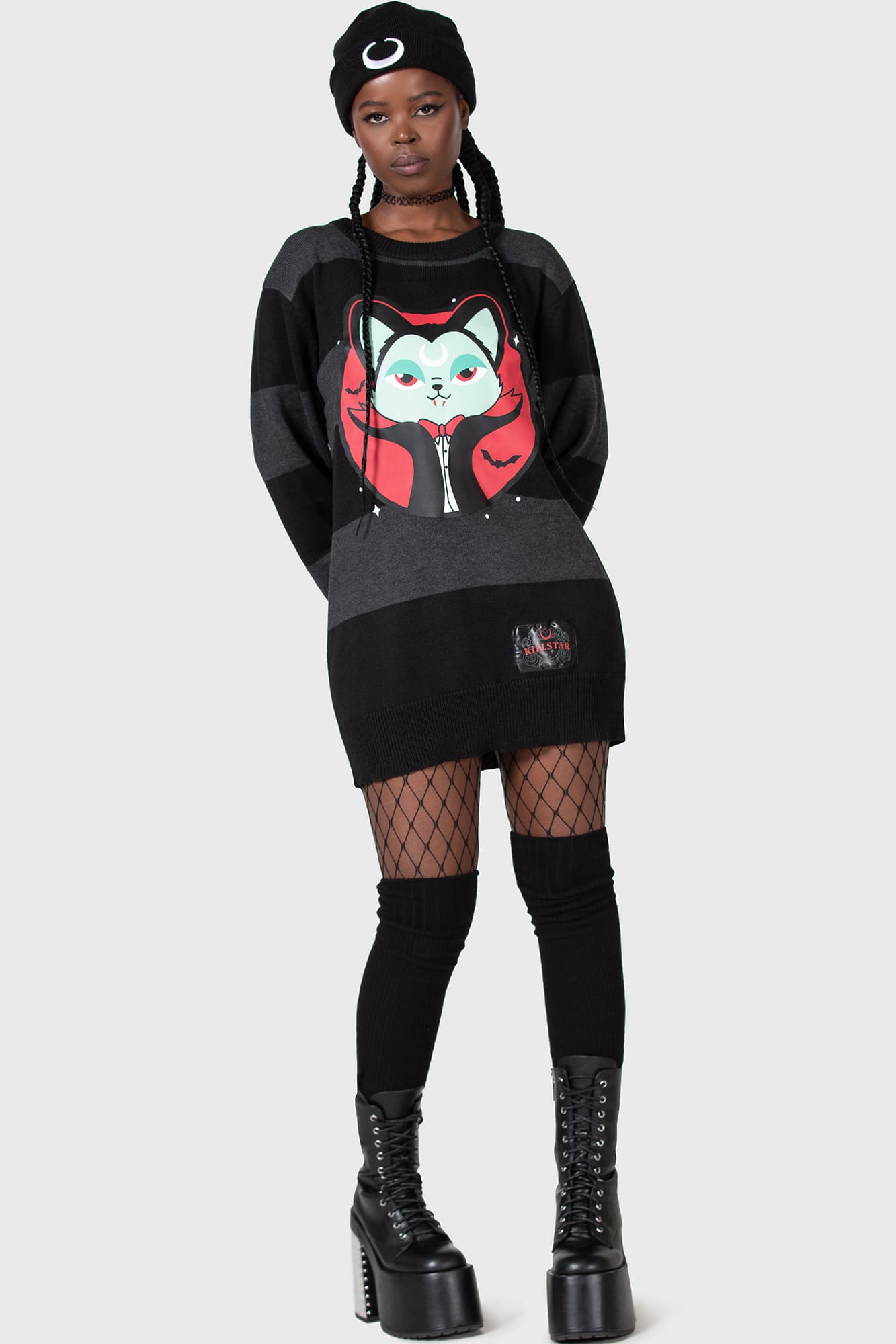 Killstar Vampurr Grey Stripe Knit Sweater - Relaxed Fit