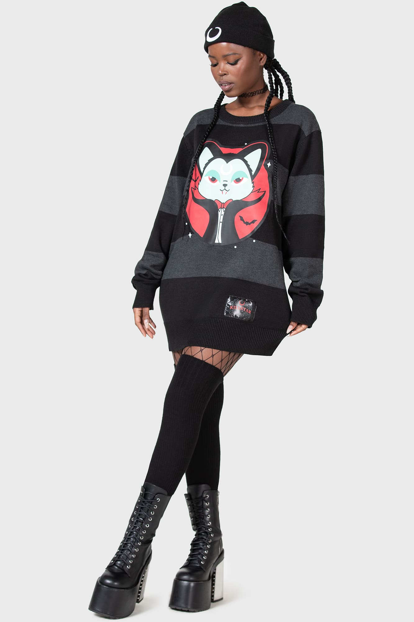 Killstar Vampurr Grey Stripe Knit Sweater - Relaxed Fit