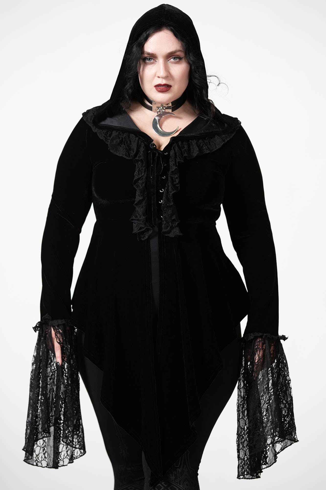 Killstar Weira Hooded Velvet Top with Lace Inserts & Bell Sleeves