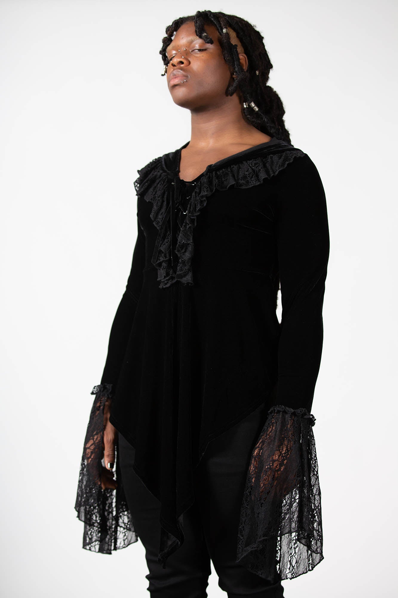 Killstar Weira Hooded Velvet Top with Lace Inserts & Bell Sleeves
