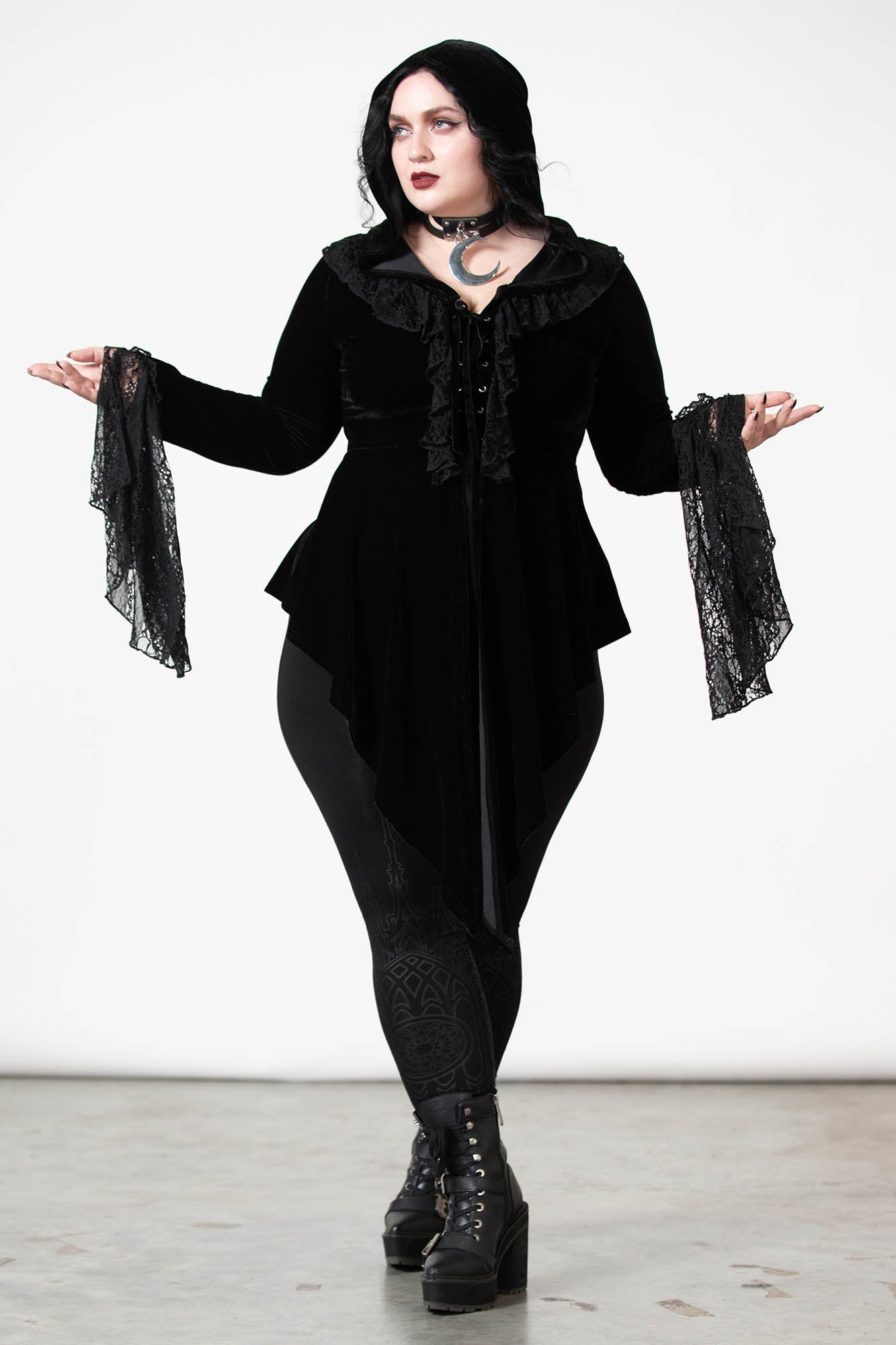 Killstar Weira Hooded Velvet Top with Lace Inserts & Bell Sleeves