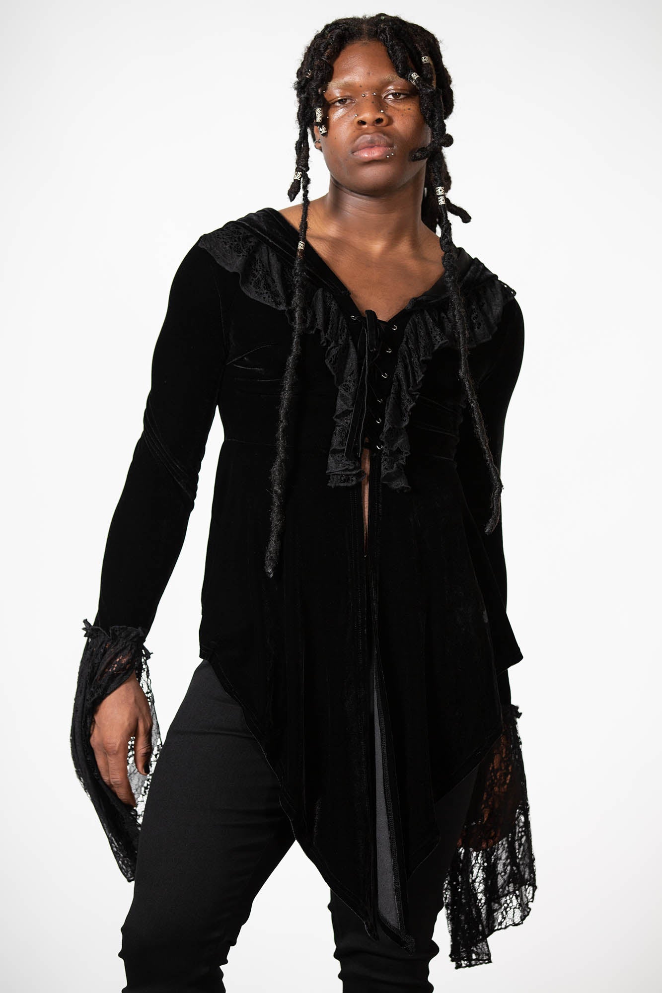 Killstar Weira Hooded Velvet Top with Lace Inserts & Bell Sleeves