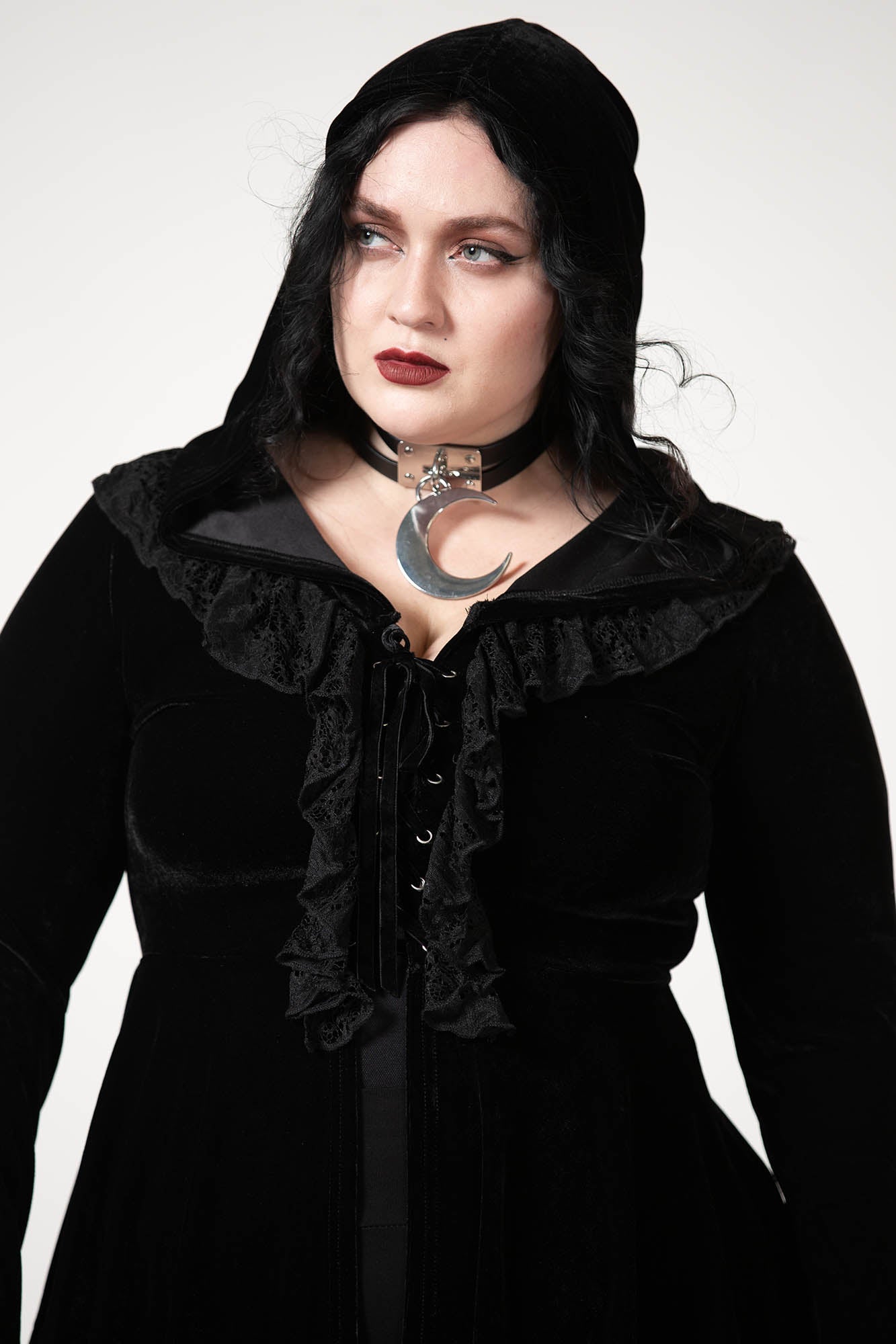 Killstar Weira Hooded Velvet Top with Lace Inserts & Bell Sleeves