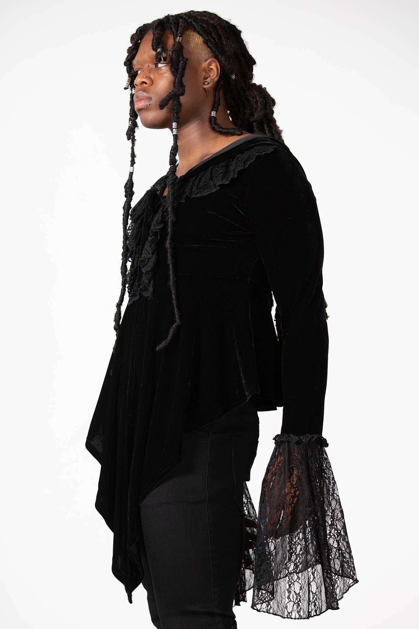Killstar Weira Hooded Velvet Top with Lace Inserts & Bell Sleeves