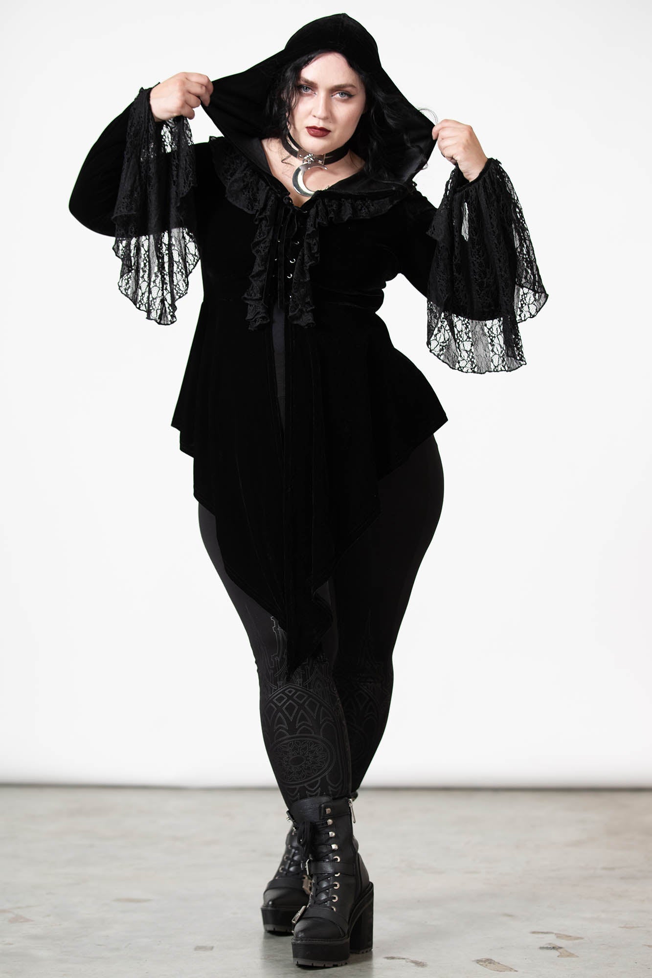 Killstar Weira Hooded Velvet Top with Lace Inserts & Bell Sleeves