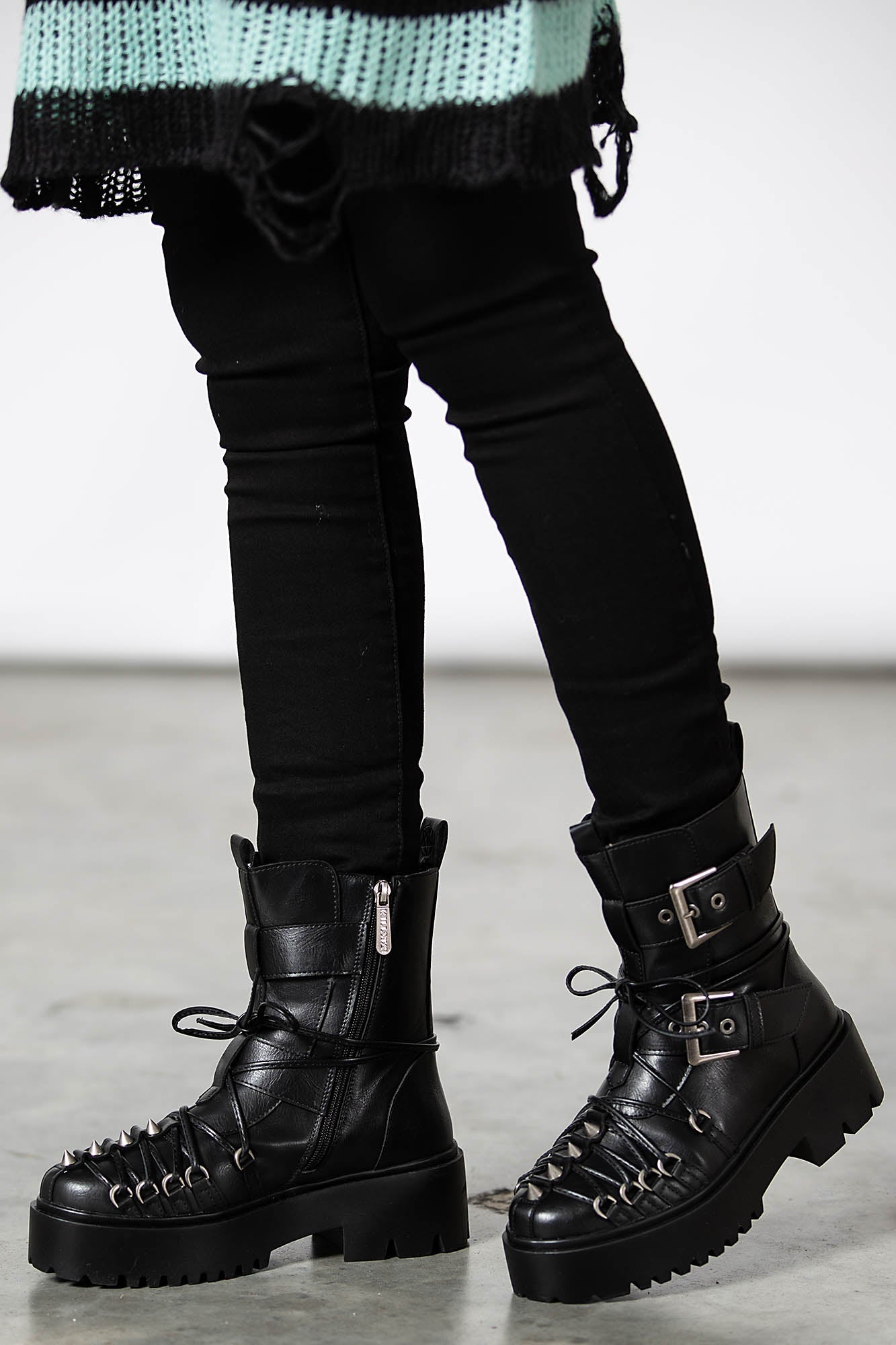 Killstar Disaster Faux Leather Combat Boots with Studs & Buckles