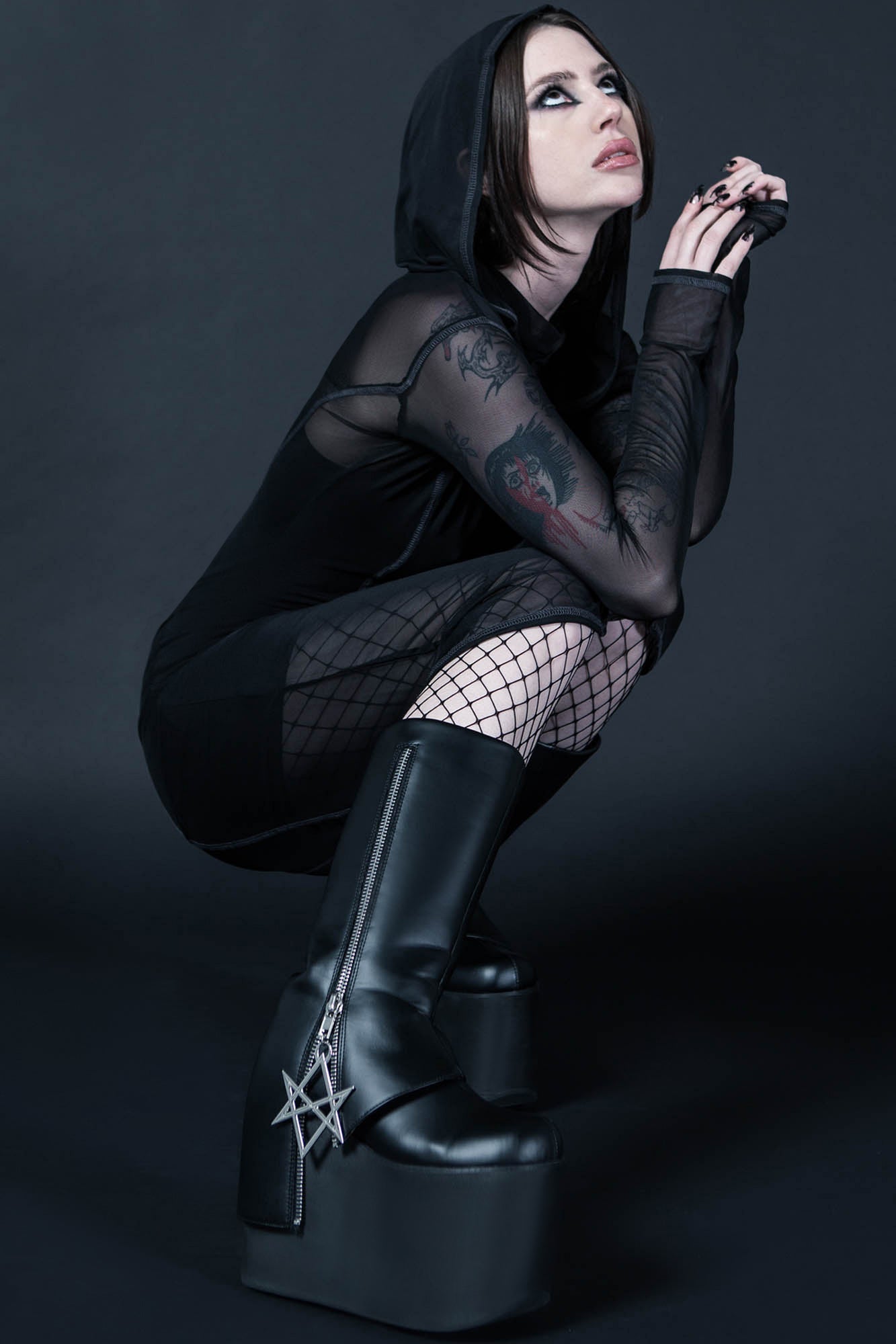 Killstar Hexraider Faux Leather Platform Boots with Metal Hexagram